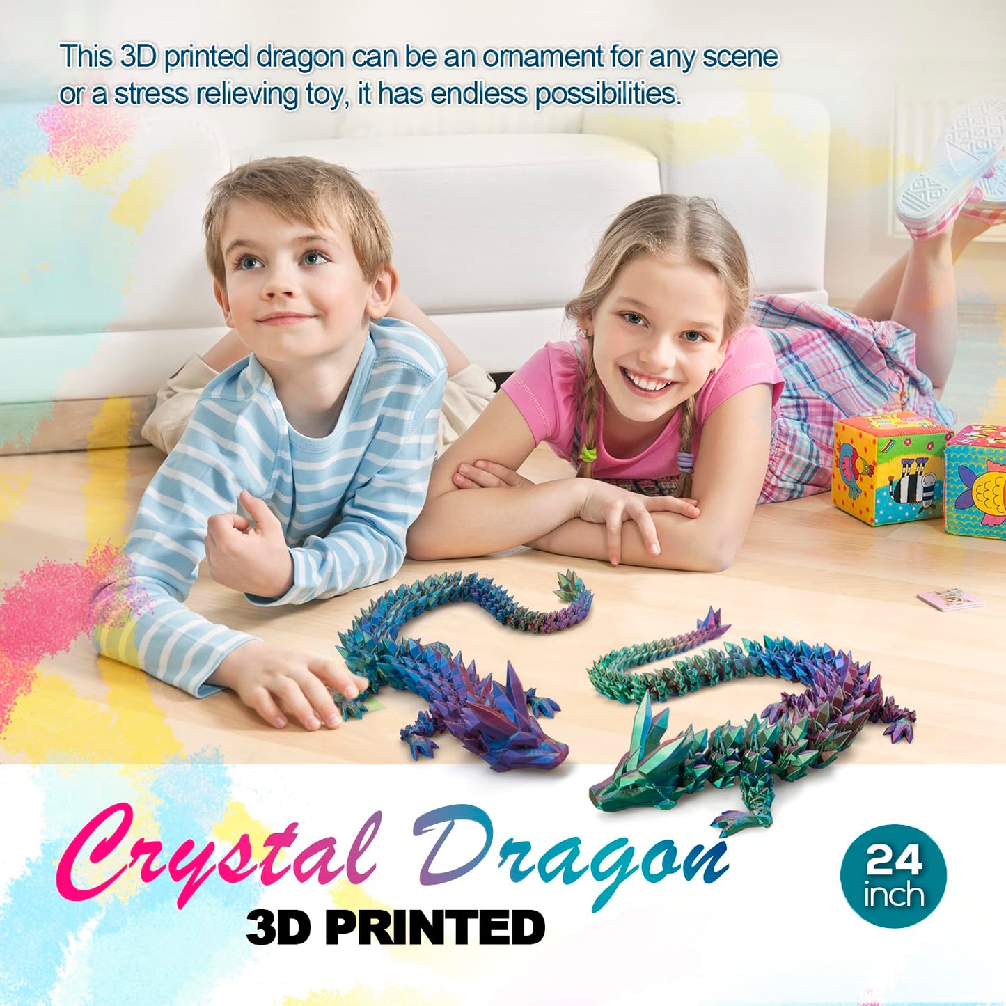 Dak Haan 24-inch Large 3D Printed Dragon – Articulated Crystal Dragon Fidget Toy & Display Piece