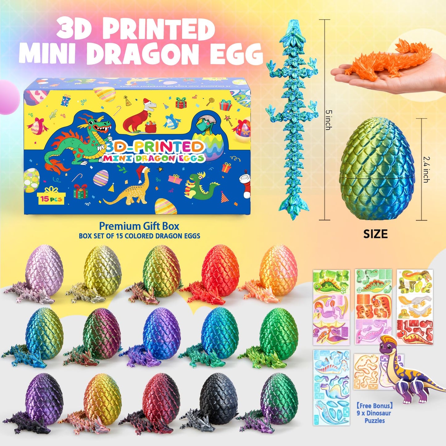 Dak Haan 15PCS 3D Printed Dragon Egg Set with Display Stand – Collectible Mini Dragons & DIY Craft Kit