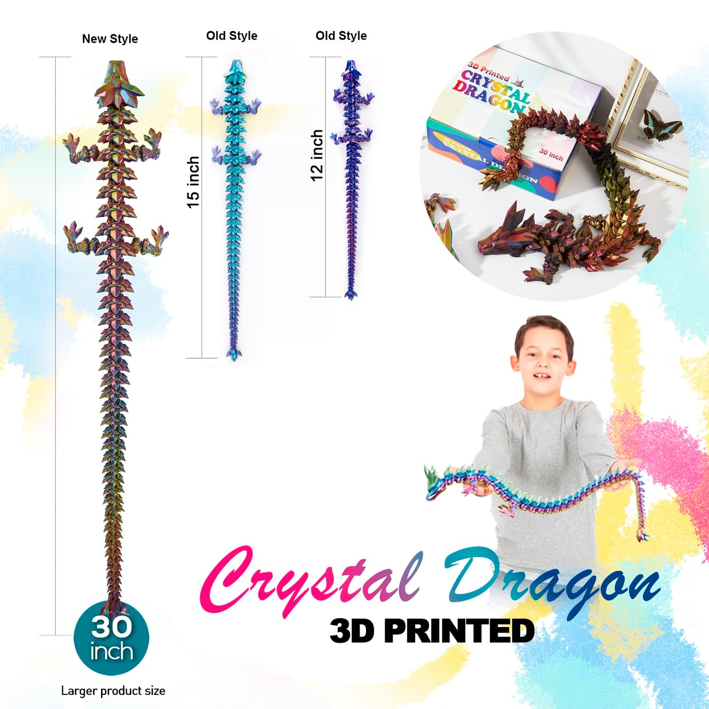 Dak Haan 24-inch Large 3D Printed Dragon – Articulated Crystal Dragon Fidget Toy & Display Piece