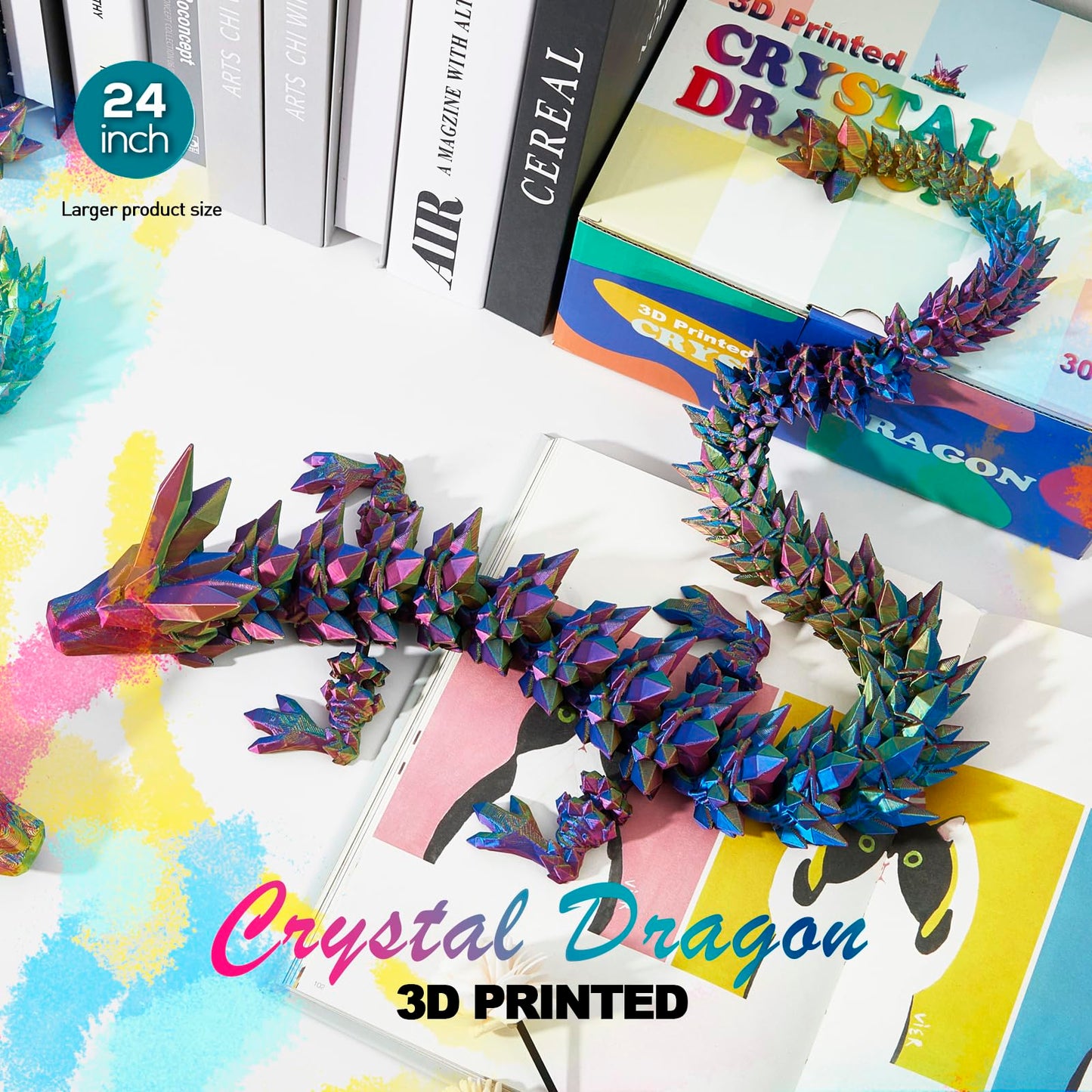 Dak Haan 24-inch Large 3D Printed Dragon – Articulated Crystal Dragon Fidget Toy & Display Piece