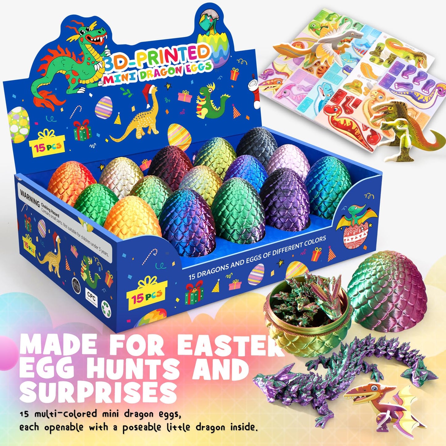 Dak Haan 15PCS 3D Printed Dragon Egg Set with Display Stand – Collectible Mini Dragons & DIY Craft Kit