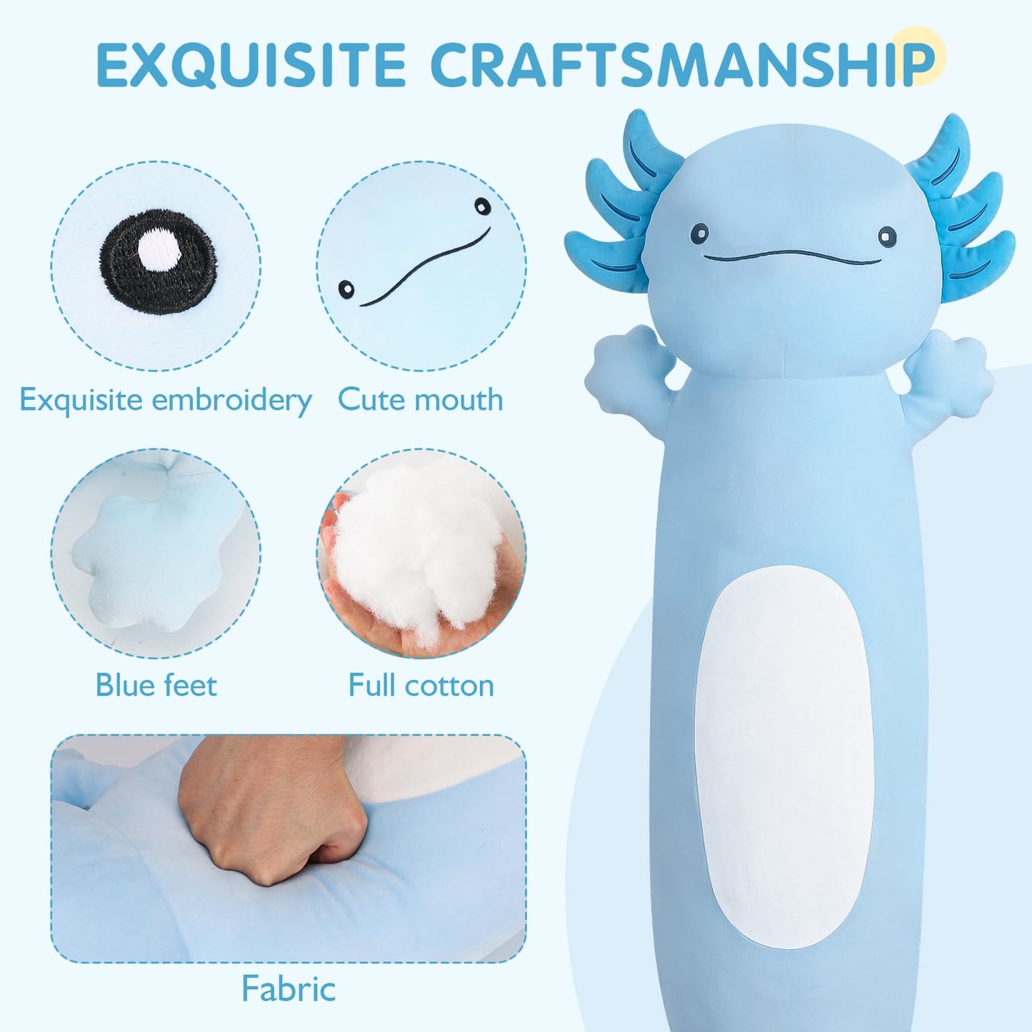 Dalmao 36-Inch Giant Blue Axolotl Plush Pillow – Soft, Squishy Toy and Body Pillow