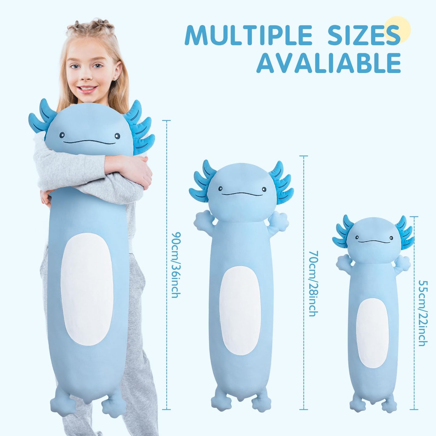 Dalmao 36-Inch Giant Blue Axolotl Plush Pillow – Soft, Squishy Toy and Body Pillow