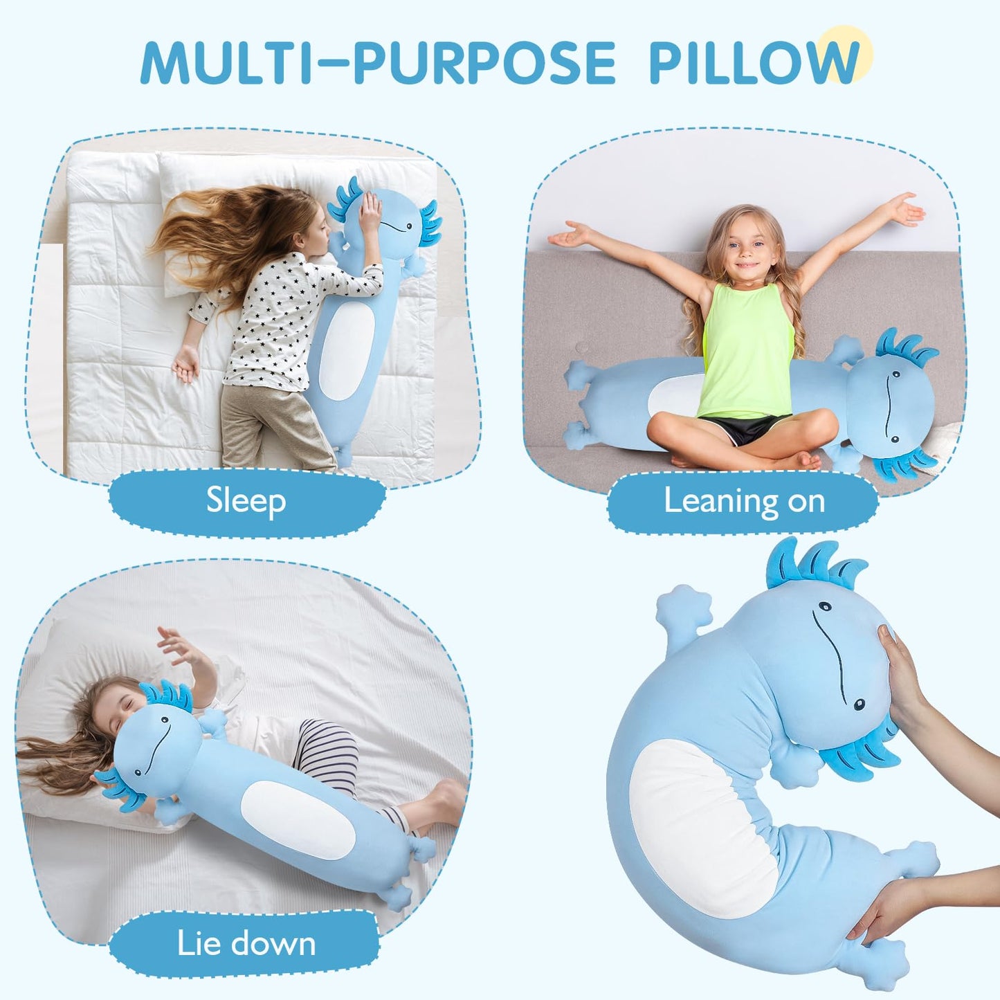 Dalmao 36-Inch Giant Blue Axolotl Plush Pillow – Soft, Squishy Toy and Body Pillow