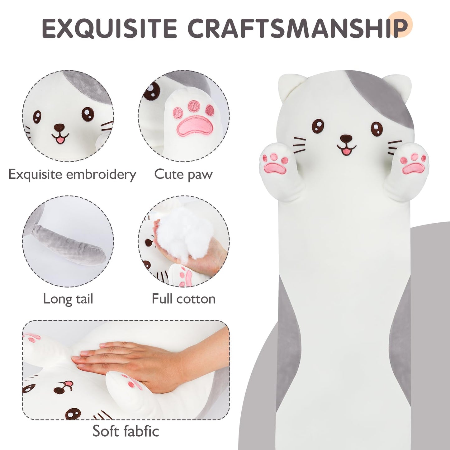 Dalmao 44-Inch Giant Cat Pillow – Jumbo Plush Cat Stuffed Animal for Kids & Adults | Soft Cuddle Toy