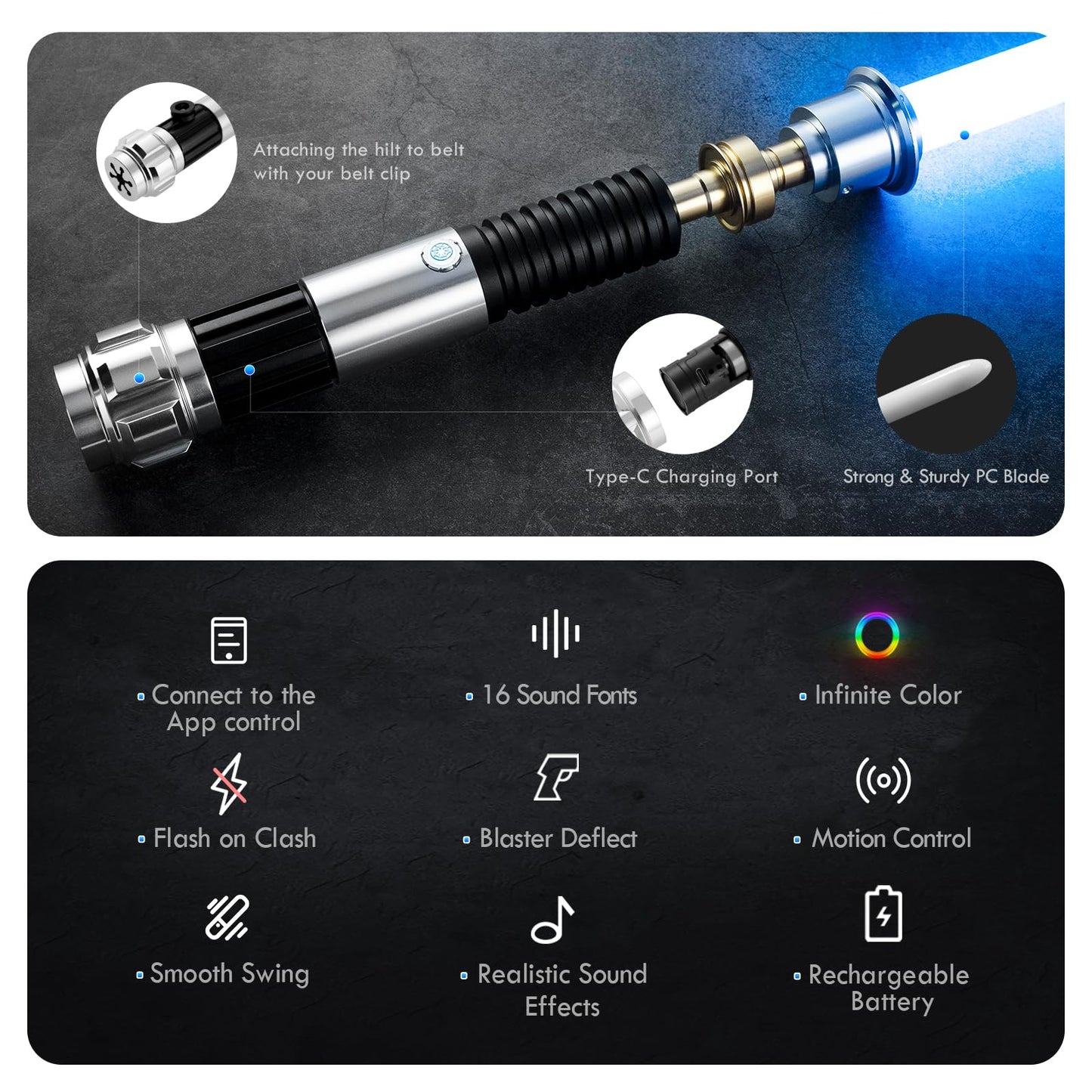 DAMIENSABER Upgrade RGB3.0 Light Saber – Motion-Control, 16 Sound Fonts, Infinite Color Changing, Metal Hilt