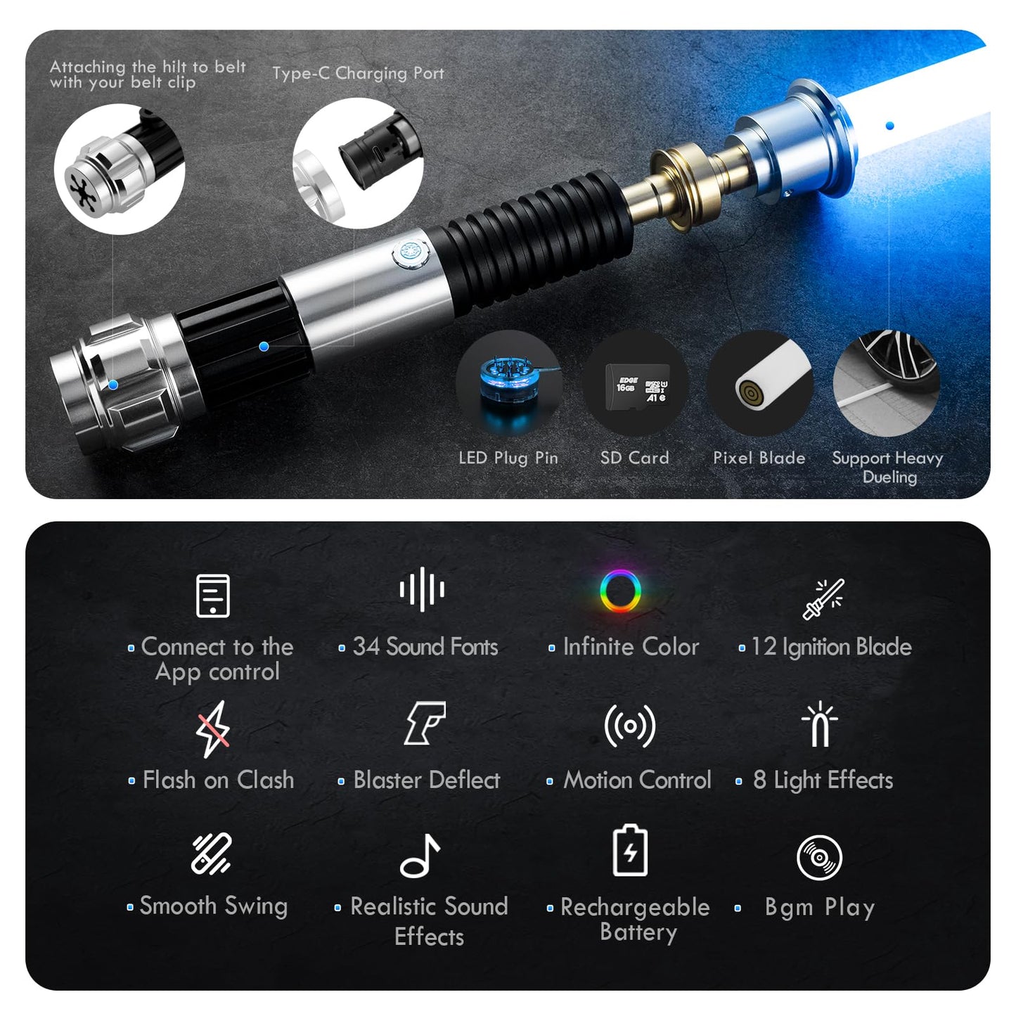 DAMIENSABER Upgrade Xenopixel 3.0 Light Saber – Motion Control, 34 Sound Fonts, Infinite RGB, Metal Hilt