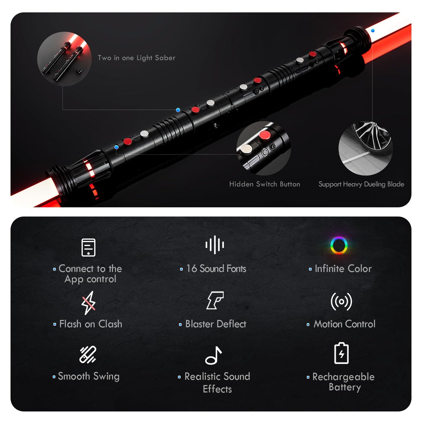DAMIENSABER Upgrade RGB3.0 Double-Bladed Light Saber – Smooth Swing, Motion Control, 16 Sound Fonts, 82cm Hilt