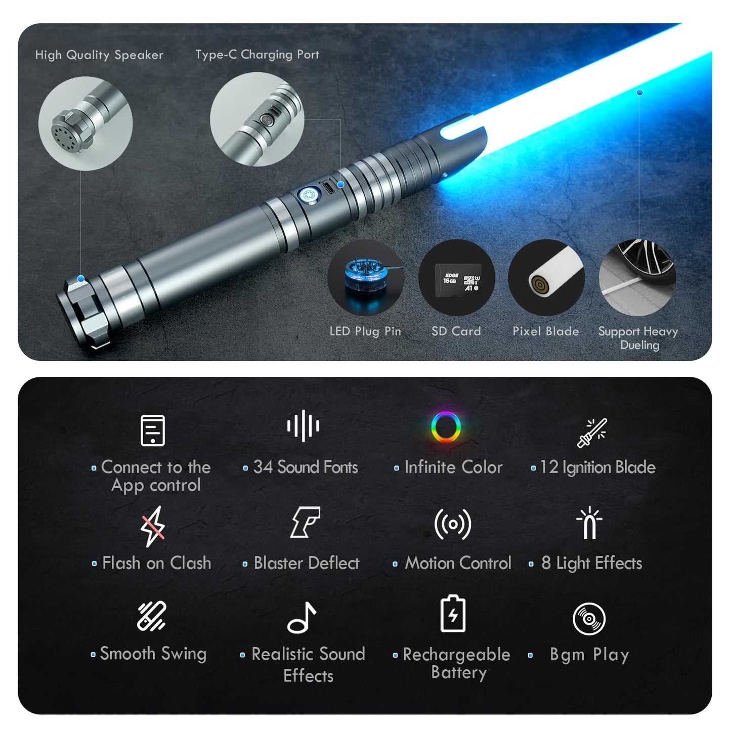 DAMIENSABER Xenopixel 3.0 Motion Control Light Saber – 34 Sounds, Infinite Color, Metal Hilt