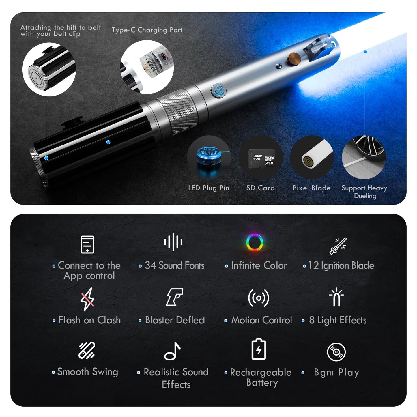DAMIENSABER Xenopixel V3 Motion Control Light Saber – 34 Sound Fonts, Infinite Color, Rechargeable Hilt