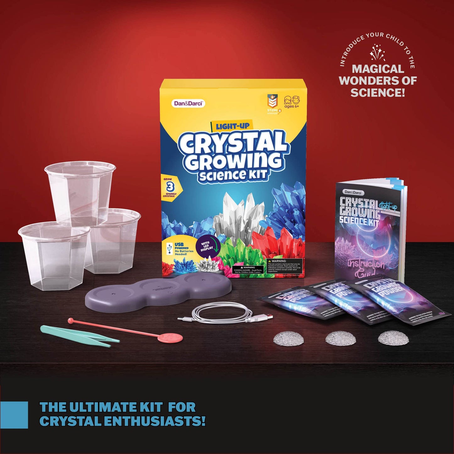 Dan&Darci Crystal Growing Kit for Kids | STEM Science Experiments for Ages 6-12 with Glow Display