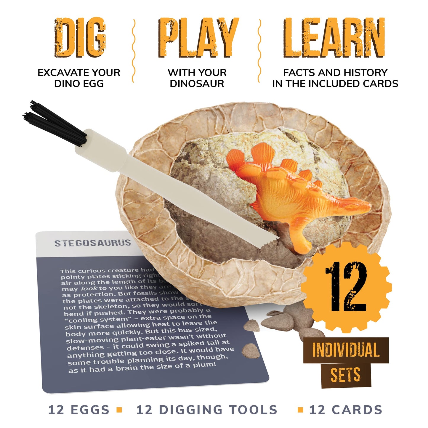 Dan&Darci Dig a Dozen Dino Egg Kit for Kids – 12 Eggs & Surprise Dinosaurs – STEM Dino Dig Activity