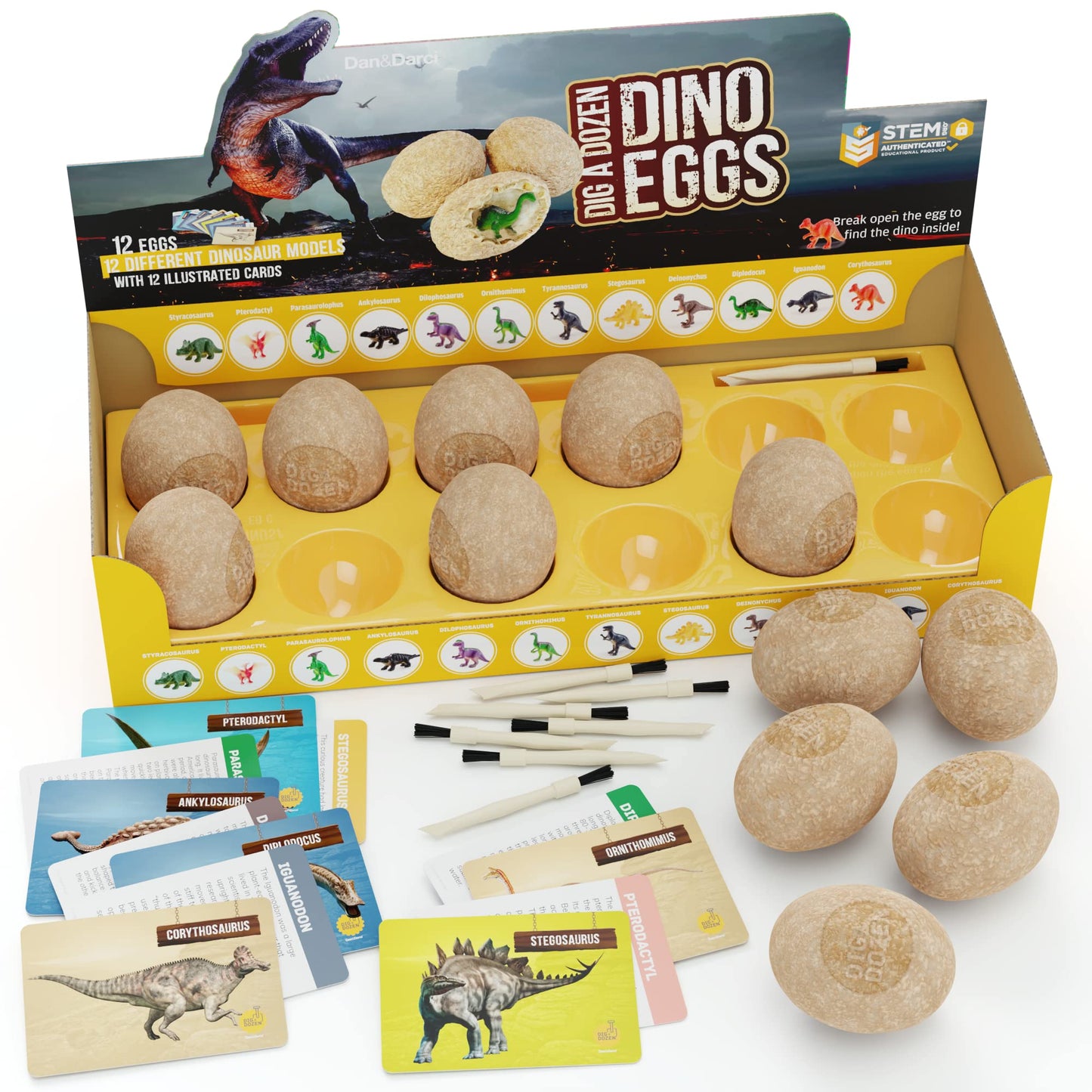 Dan&Darci Dig a Dozen Dino Egg Kit for Kids – 12 Eggs & Surprise Dinosaurs – STEM Dino Dig Activity