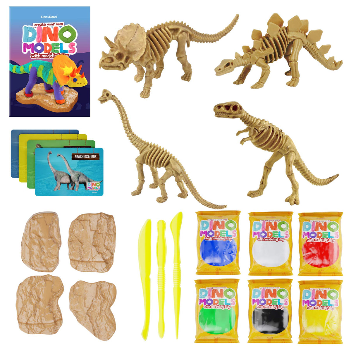 Dan&Darci Dino Models Kit - Build 4 Dinosaurs with Air-Dry Clay | STEM Crafts for Kids