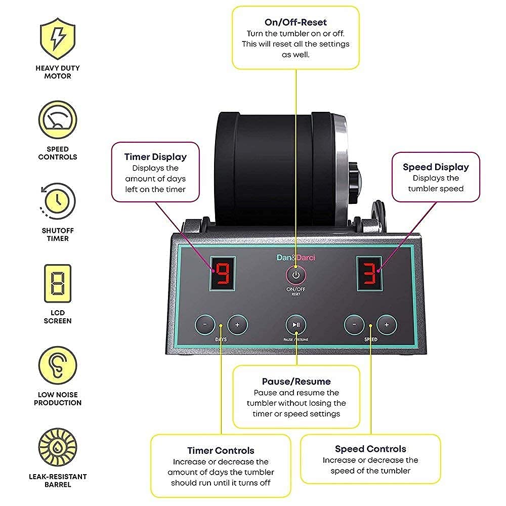 Dan&Darci Advanced Professional Rock Tumbler Kit – 3 Speed Settings, 9-Day Timer, LCD Display