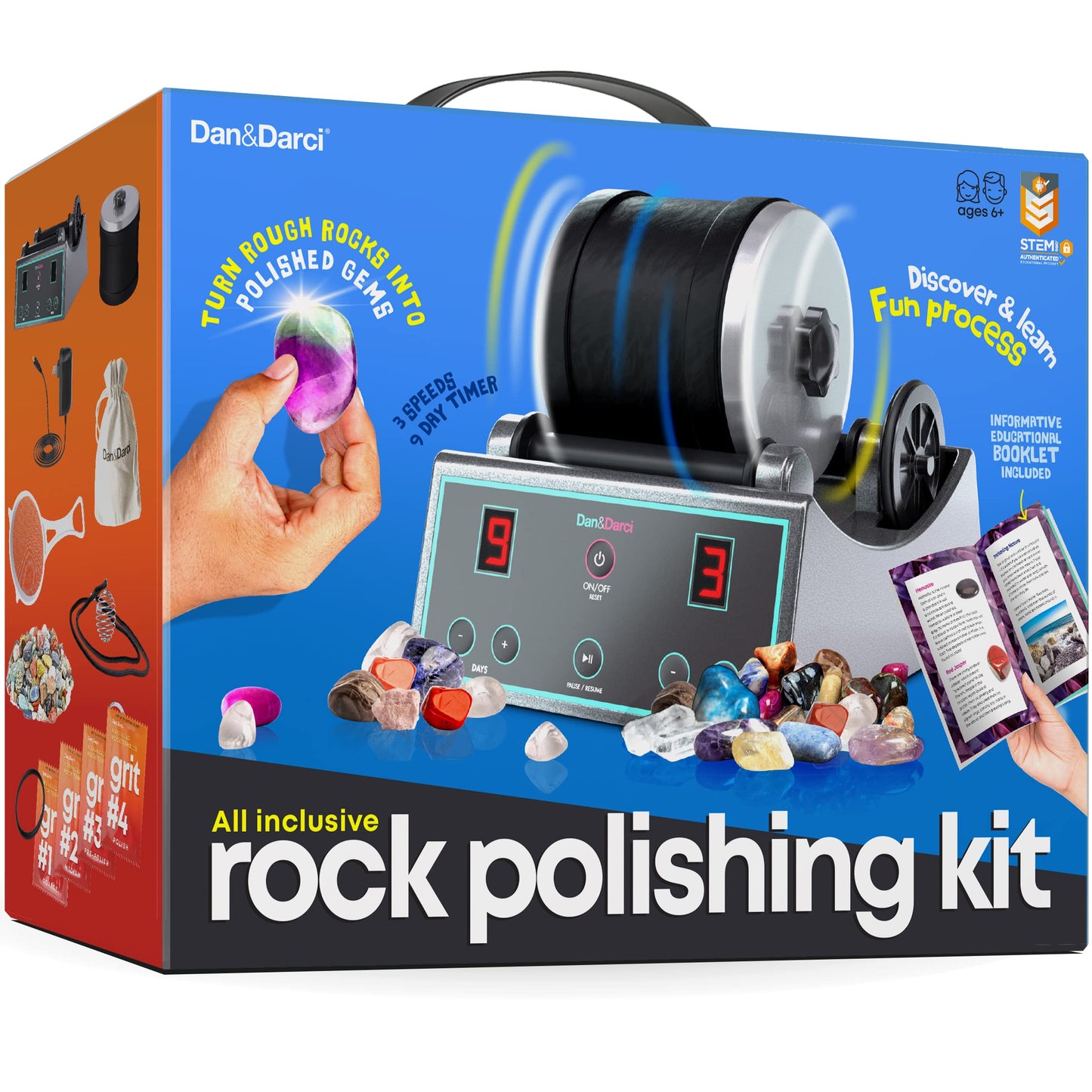 Dan&Darci Advanced Professional Rock Tumbler Kit – 3 Speed Settings, 9-Day Timer, LCD Display