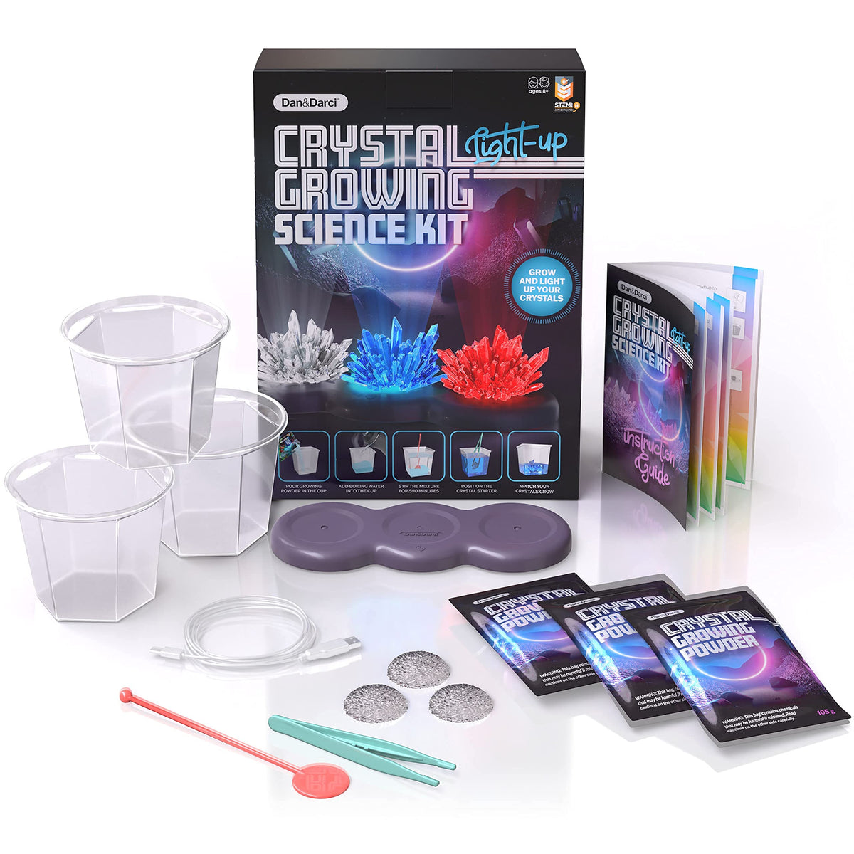 Dan&Darci Crystal Growing Kit for Kids | STEM Science Experiments for Ages 6-12 with Glow Display