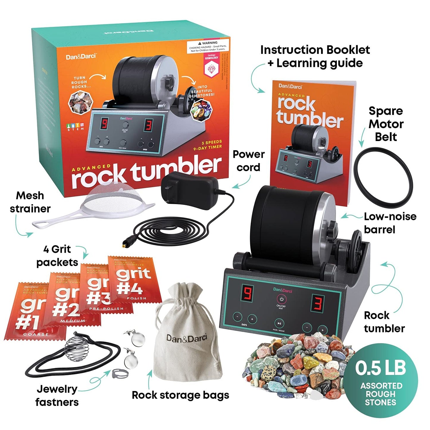 Dan&Darci Advanced Professional Rock Tumbler Kit – 3 Speed Settings, 9-Day Timer, LCD Display