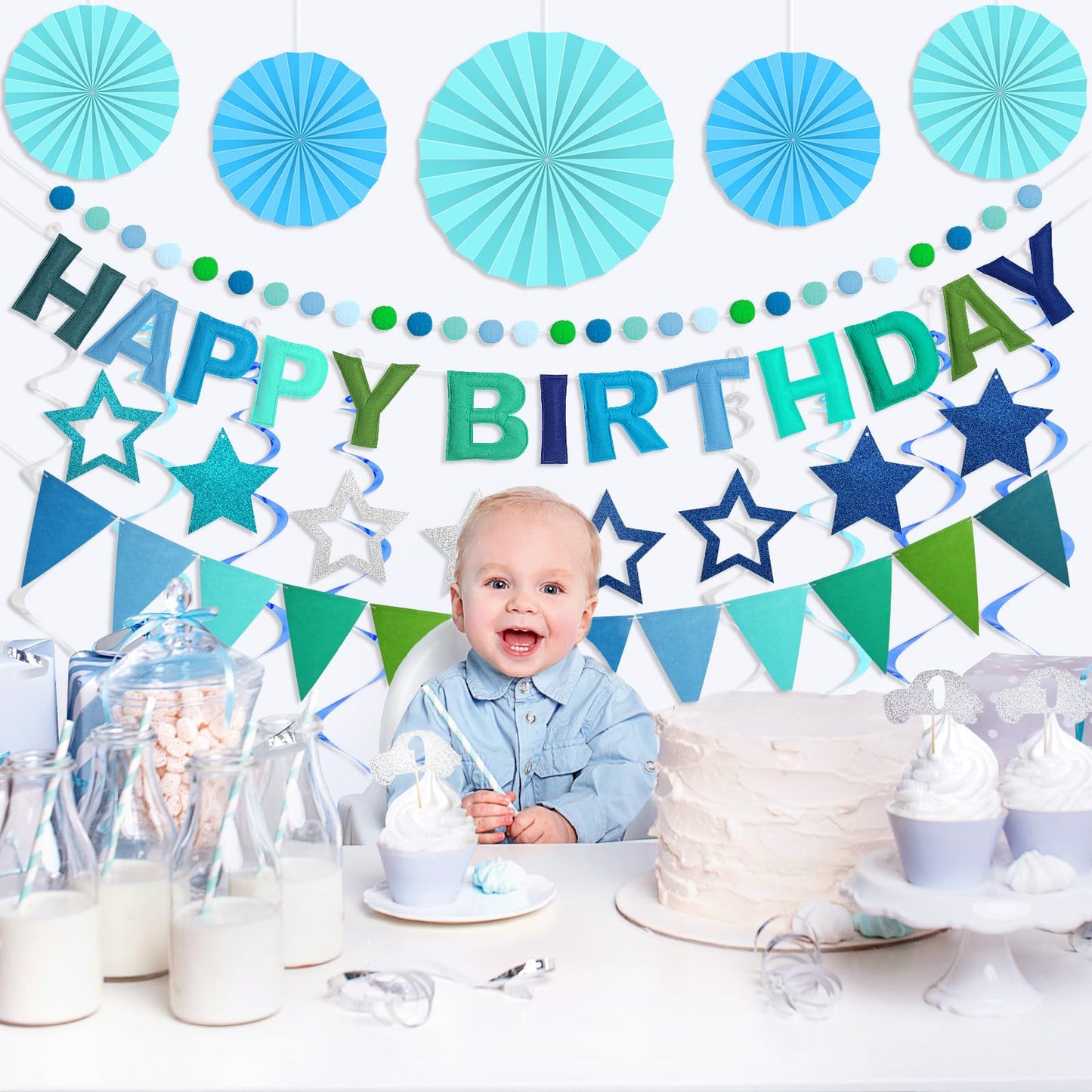Danadia Pre-Strung 3D Felt Happy Birthday Banner – Reusable Blue Party Decorations
