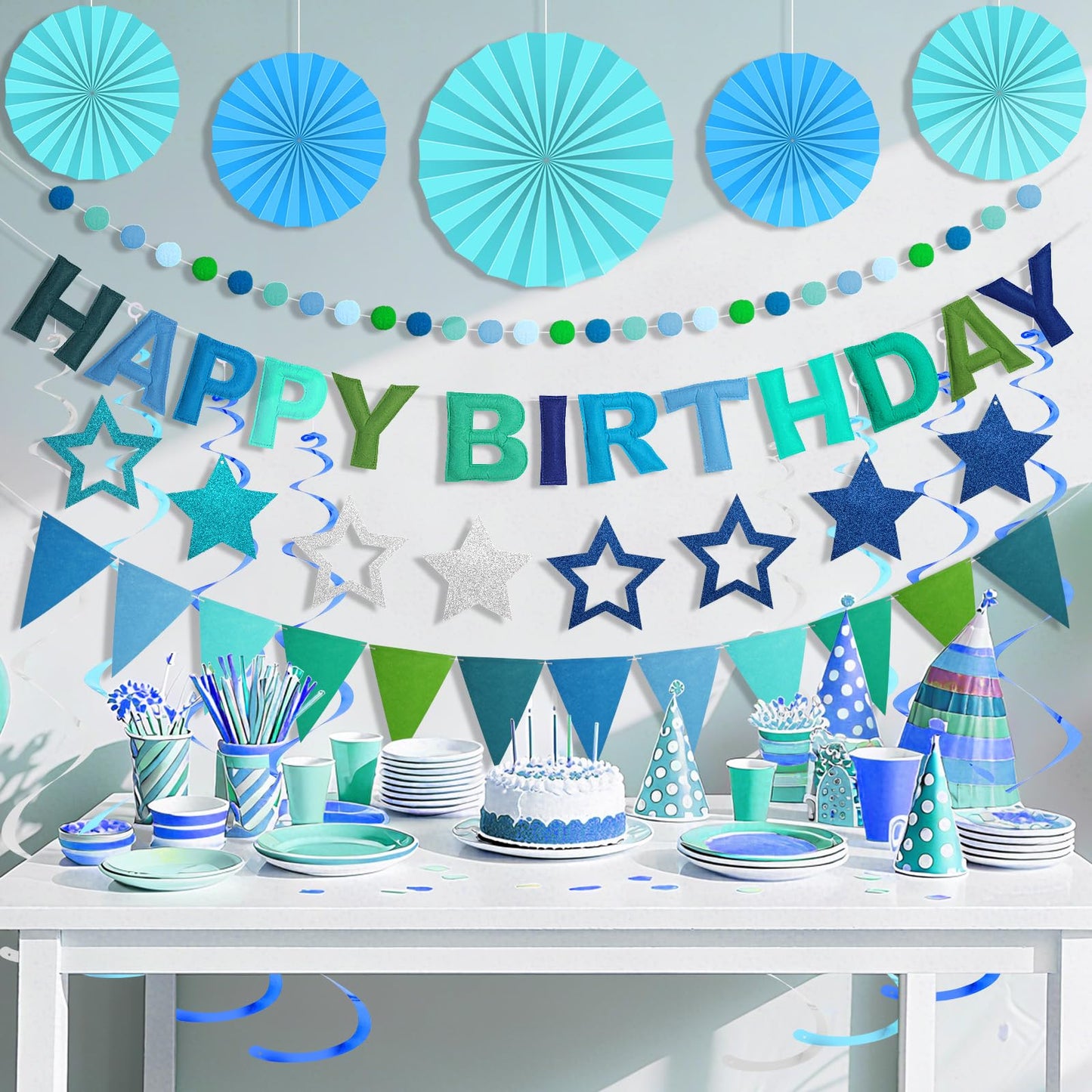 Danadia Pre-Strung 3D Felt Happy Birthday Banner – Reusable Blue Party Decorations