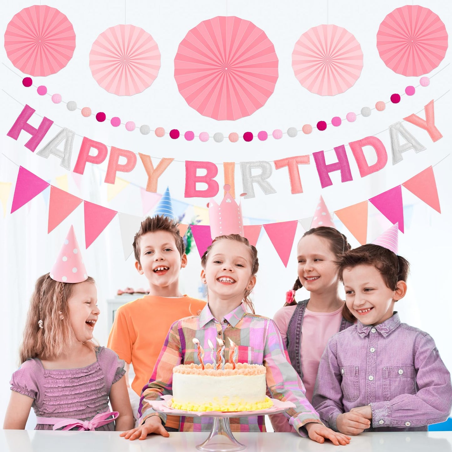 Danadia Pre-Strung 3D Felt Happy Birthday Banner – Reusable Pink Party Decorations
