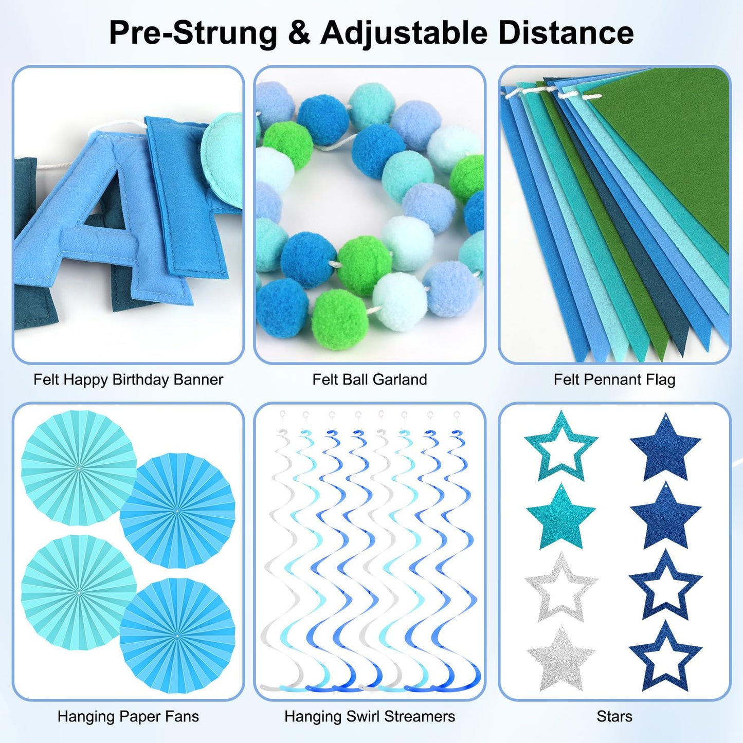 Danadia Pre-Strung 3D Felt Happy Birthday Banner – Reusable Blue Party Decorations