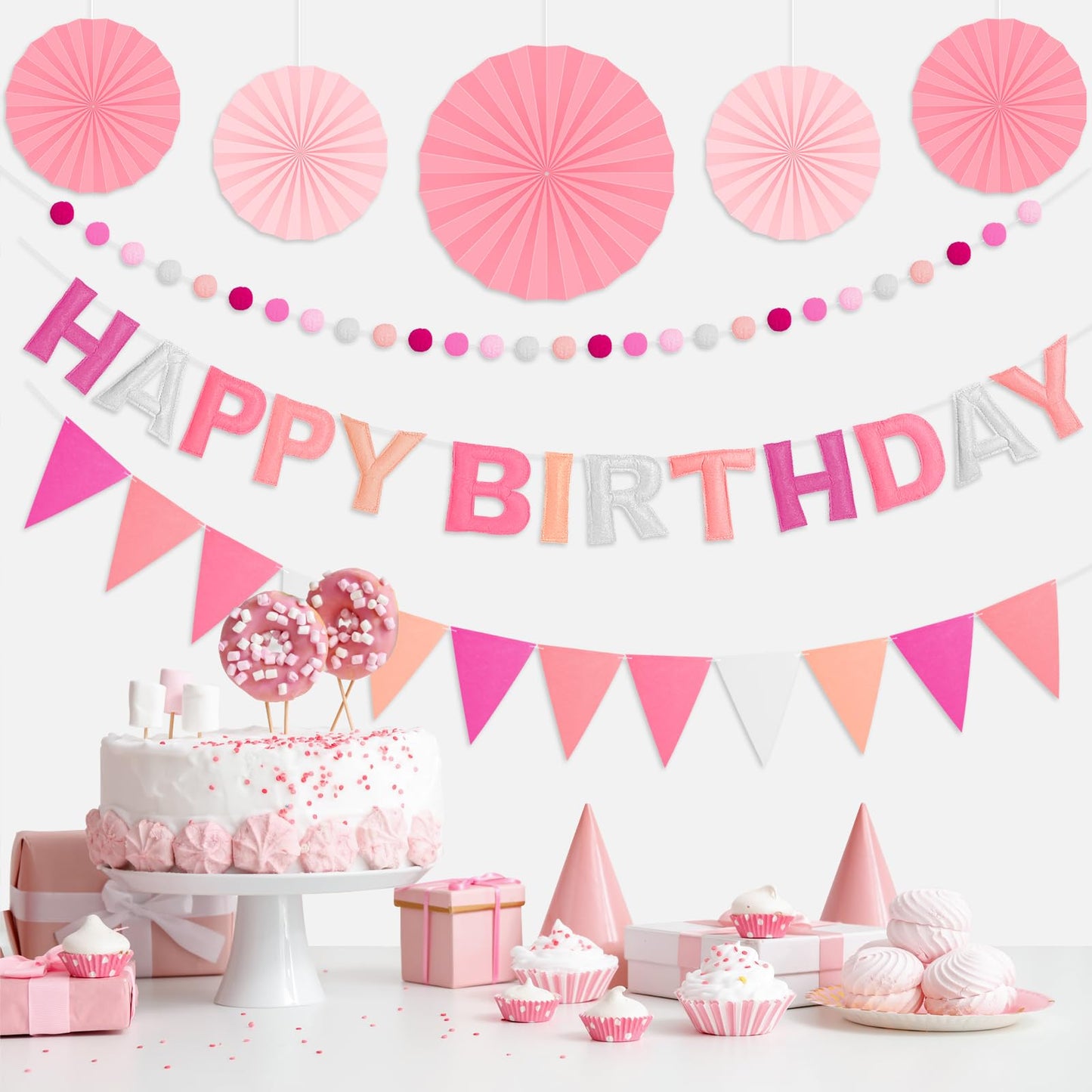 Danadia Pre-Strung 3D Felt Happy Birthday Banner – Reusable Pink Party Decorations