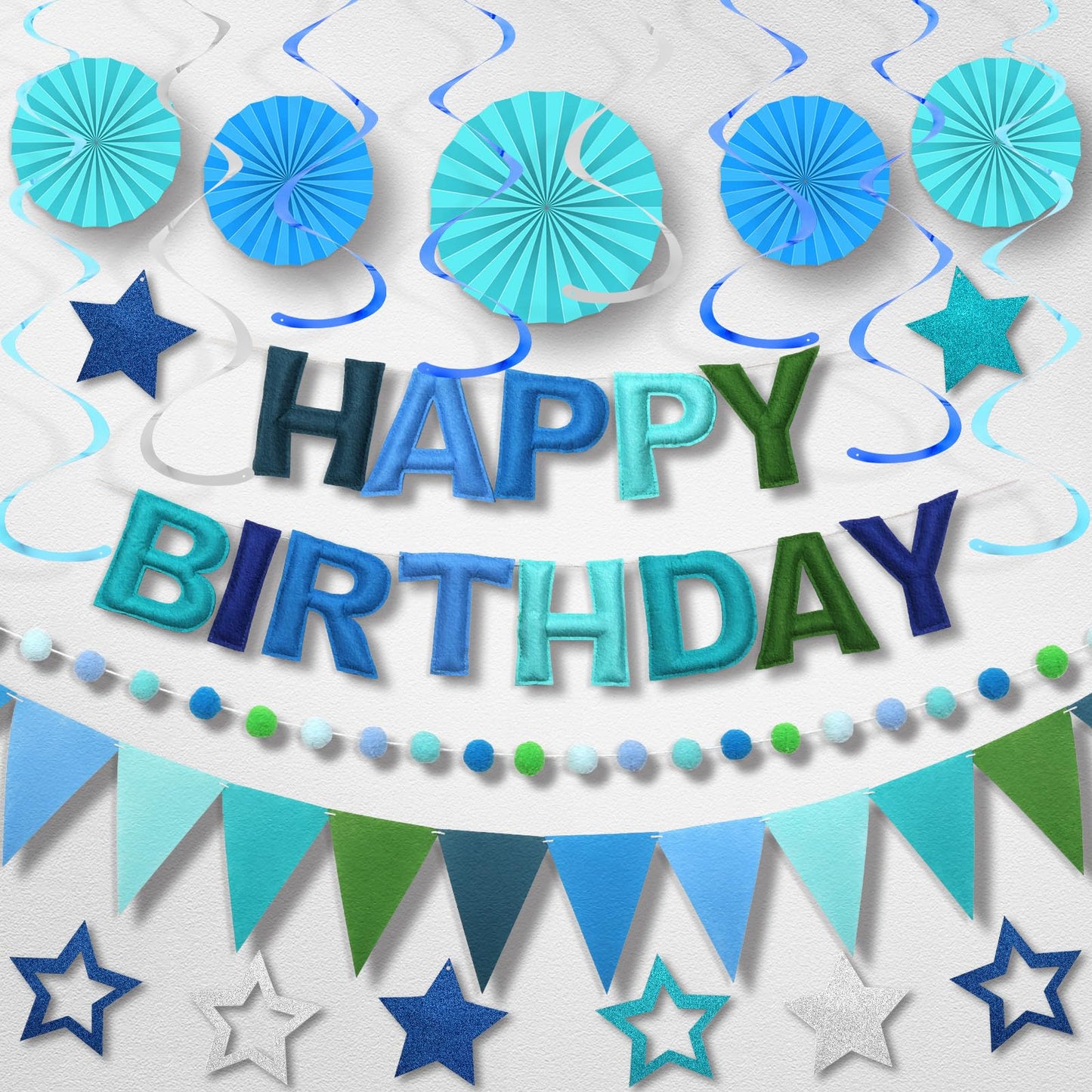 Danadia Pre-Strung 3D Felt Happy Birthday Banner – Reusable Blue Party Decorations