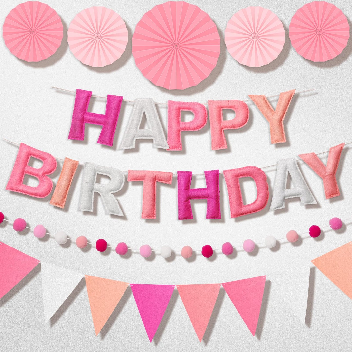 Danadia Pre-Strung 3D Felt Happy Birthday Banner – Reusable Pink Party Decorations