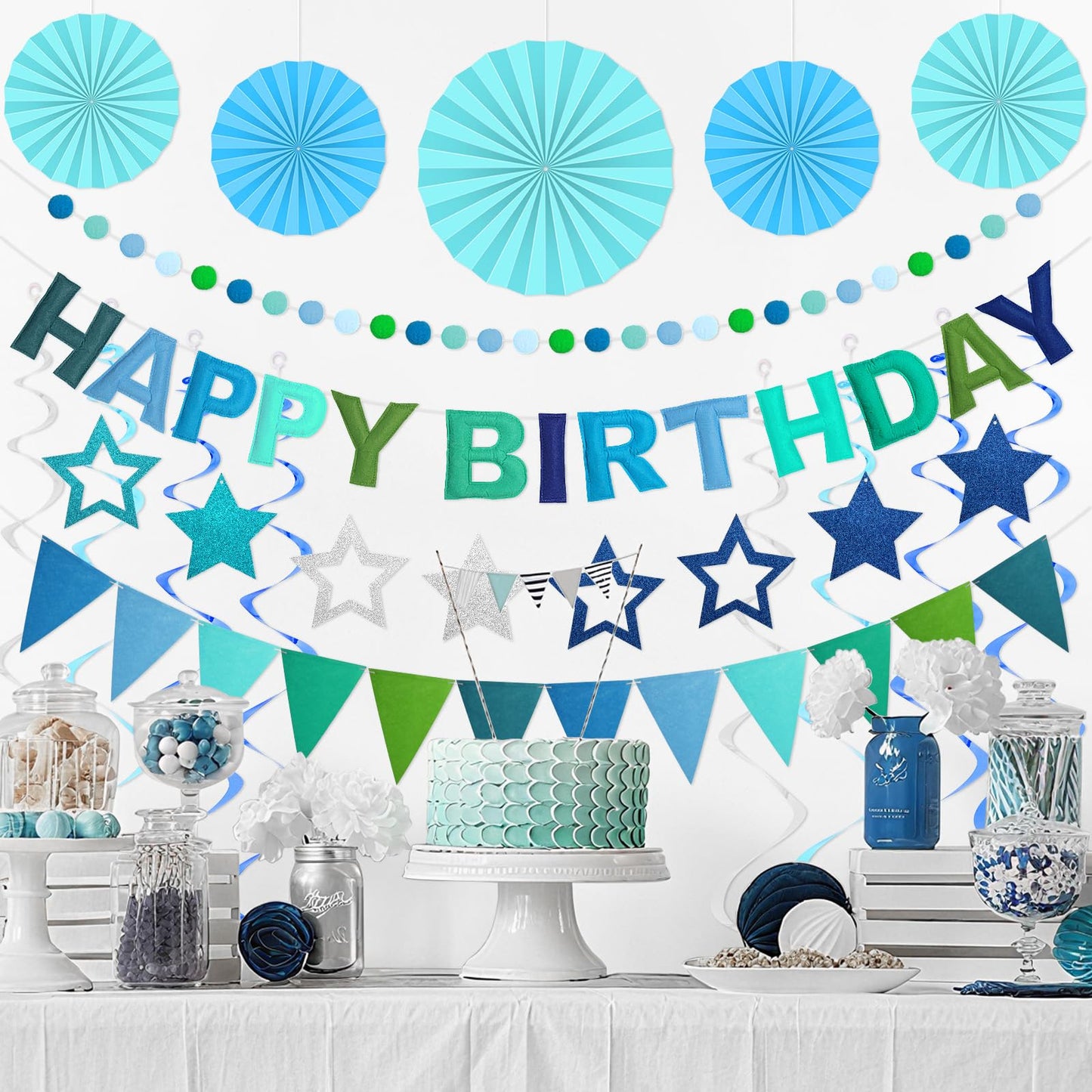 Danadia Pre-Strung 3D Felt Happy Birthday Banner – Reusable Blue Party Decorations