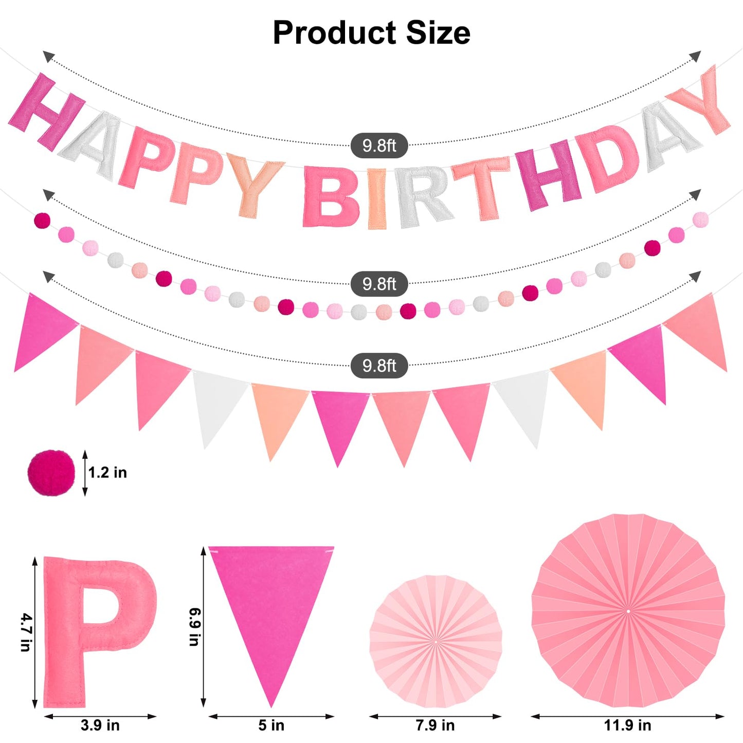 Danadia Pre-Strung 3D Felt Happy Birthday Banner – Reusable Pink Party Decorations