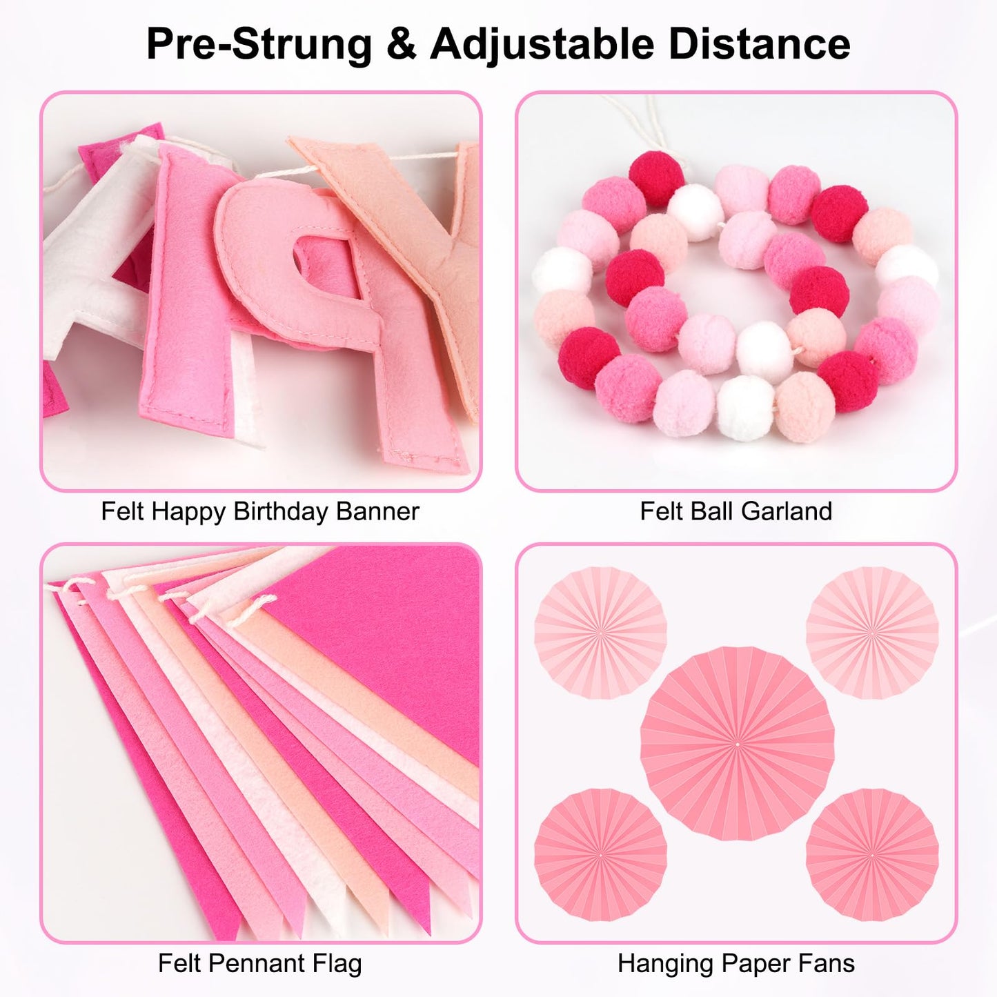 Danadia Pre-Strung 3D Felt Happy Birthday Banner – Reusable Pink Party Decorations