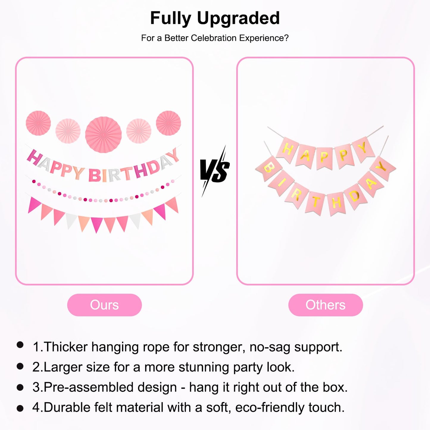 Danadia Pre-Strung 3D Felt Happy Birthday Banner – Reusable Pink Party Decorations