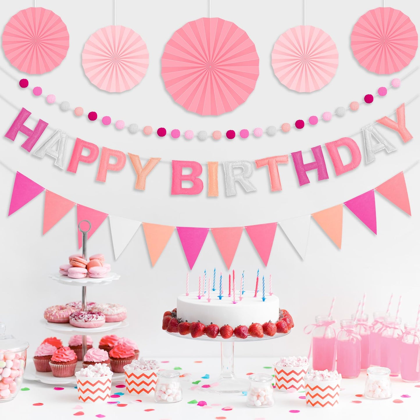 Danadia Pre-Strung 3D Felt Happy Birthday Banner – Reusable Pink Party Decorations