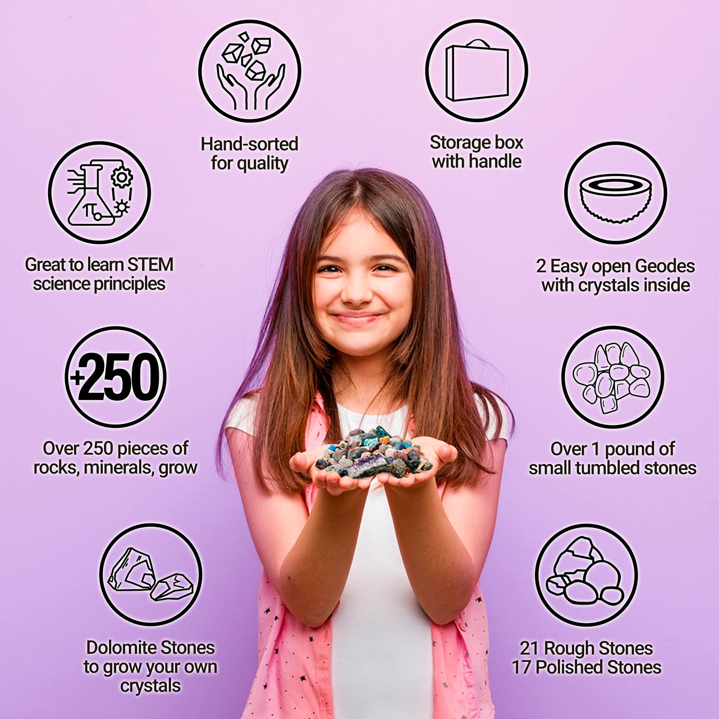 DANCING BEAR Rock, Mineral & Geodes Treasure Hunt Kit — 250 Piece STEM Activity