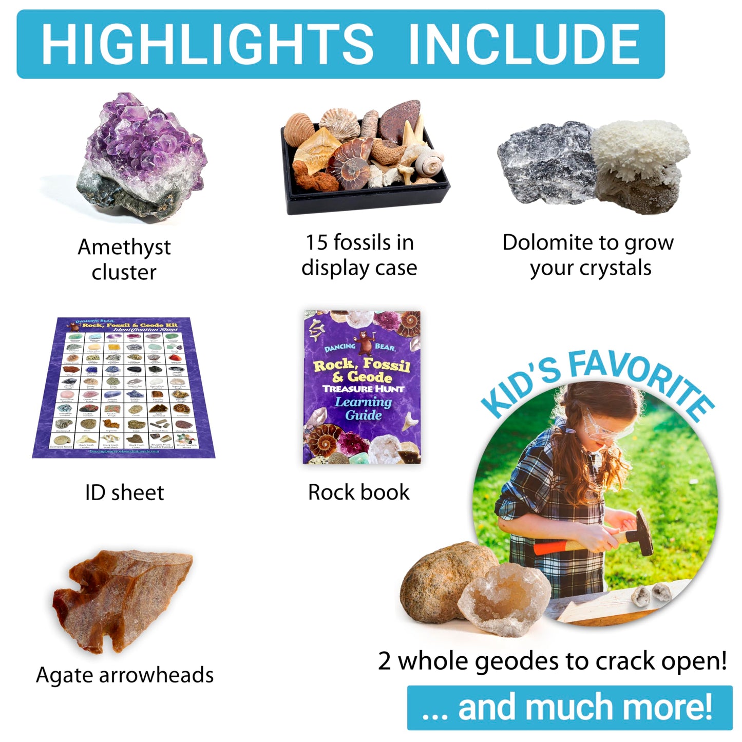 DANCING BEAR Rock, Mineral & Geodes Treasure Hunt Kit — 250 Piece STEM Activity