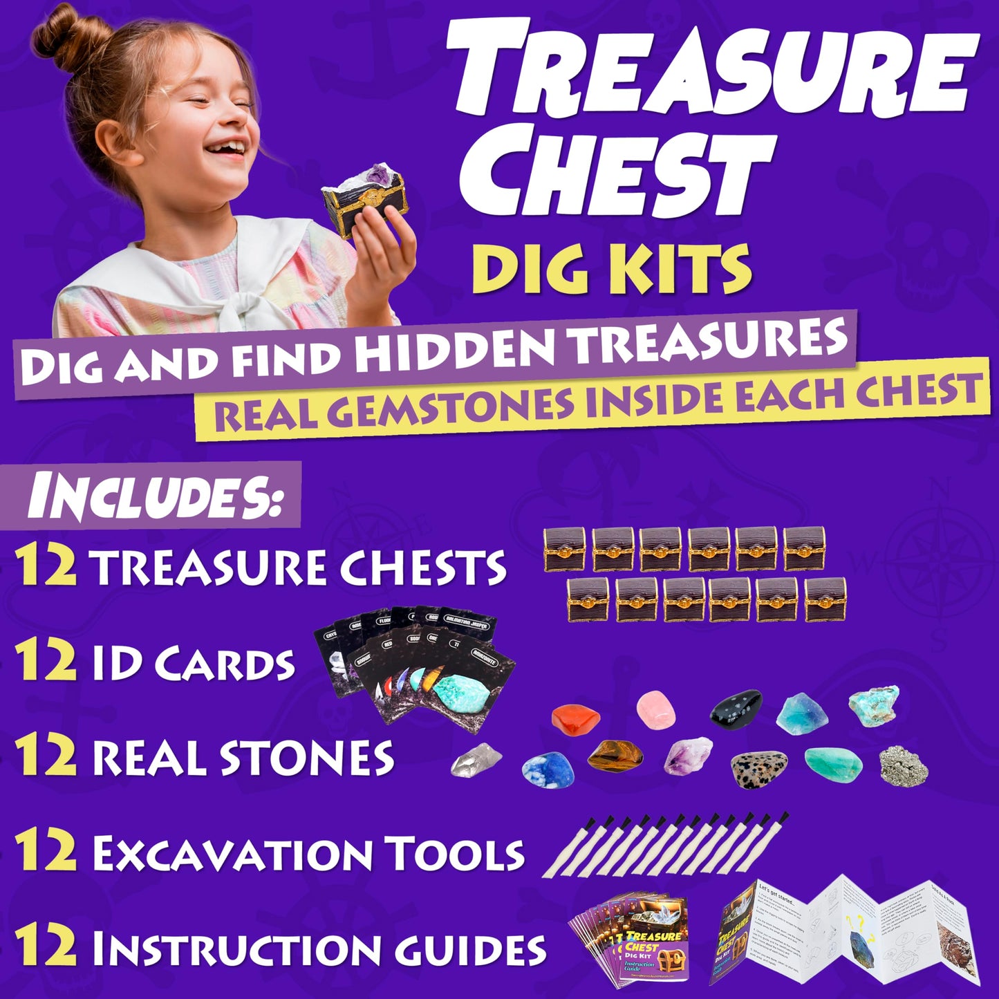 DANCING BEAR Treasure Chest Dig Kit Party Pack – 12 Gems & Crystals