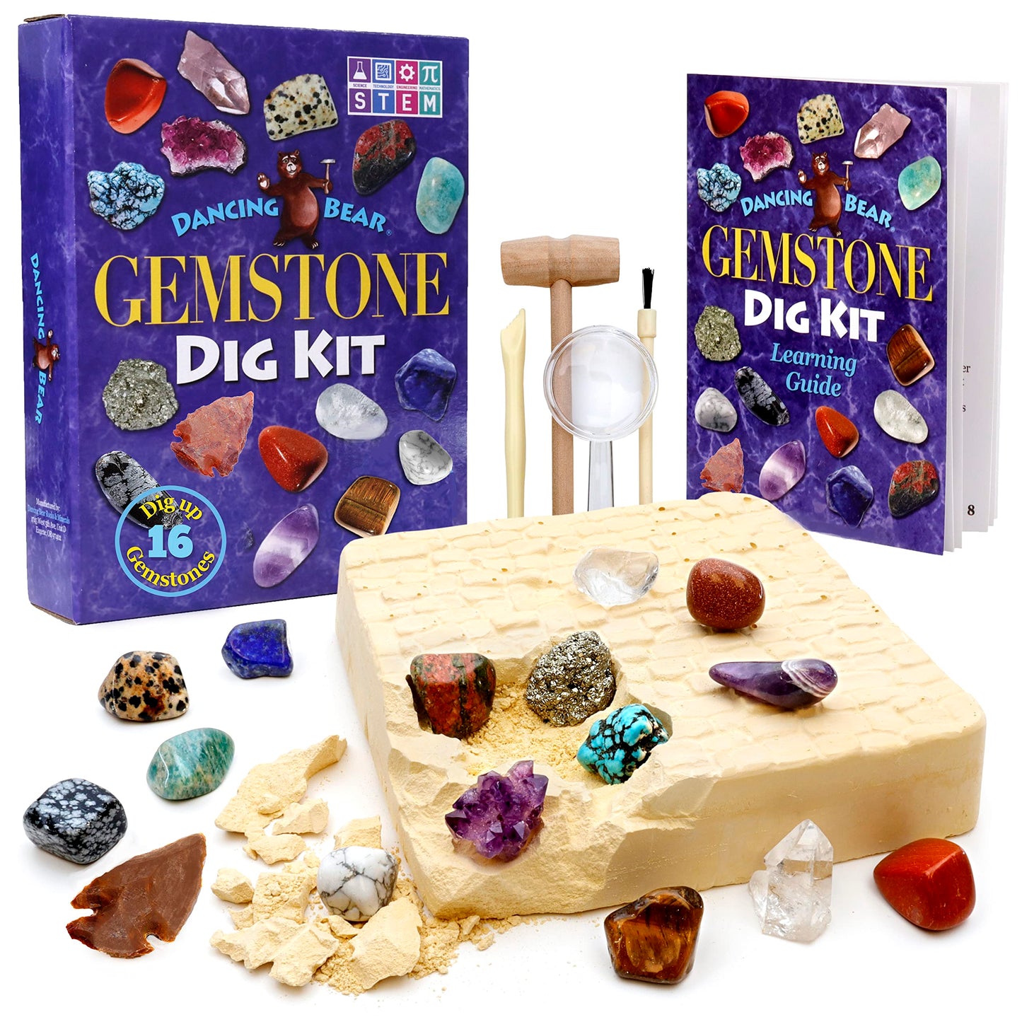 DANCING BEAR Gem Stone Dig Kit | 16 Real Gems & Crystals STEM Activity for Kids