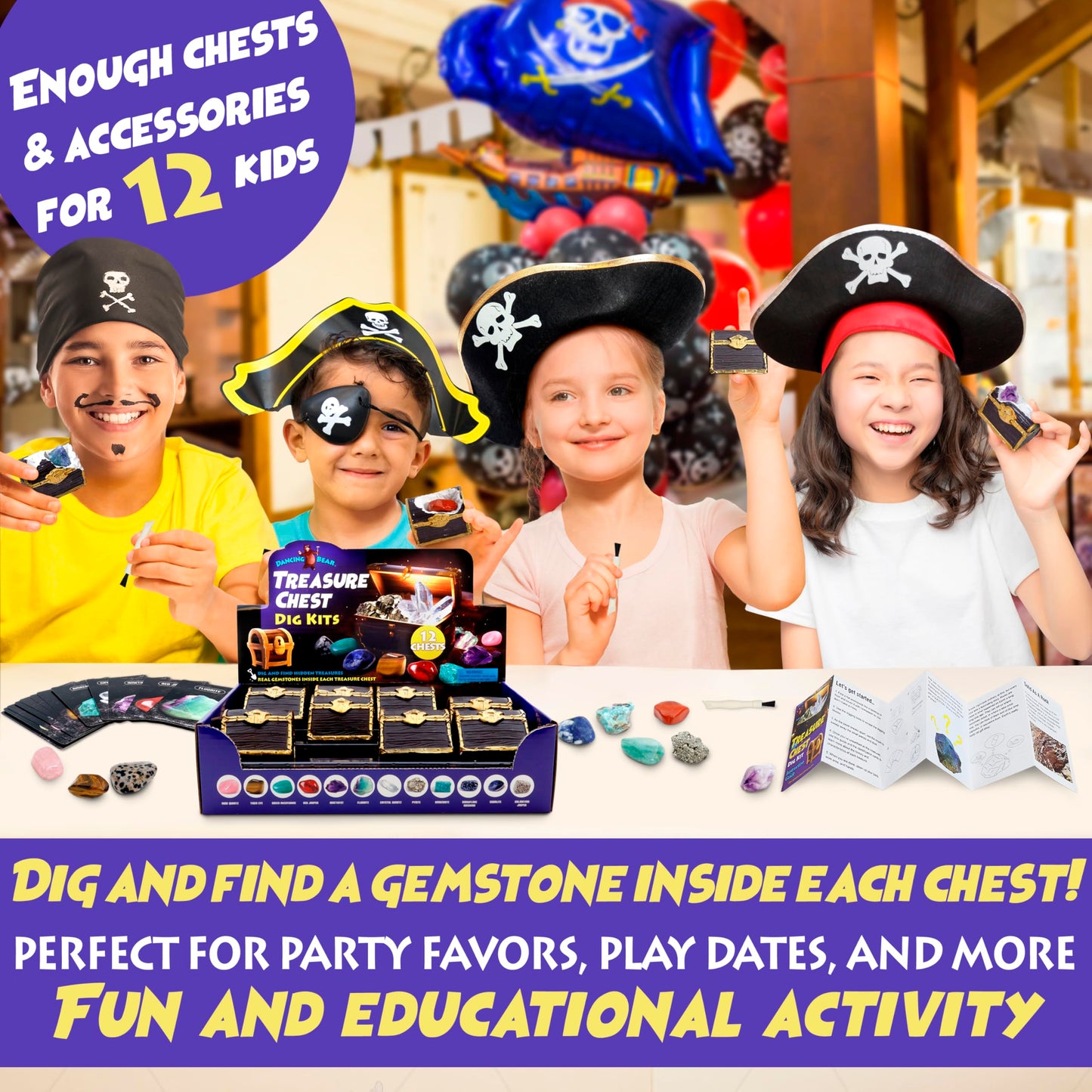 DANCING BEAR Treasure Chest Dig Kit Party Pack – 12 Gems & Crystals