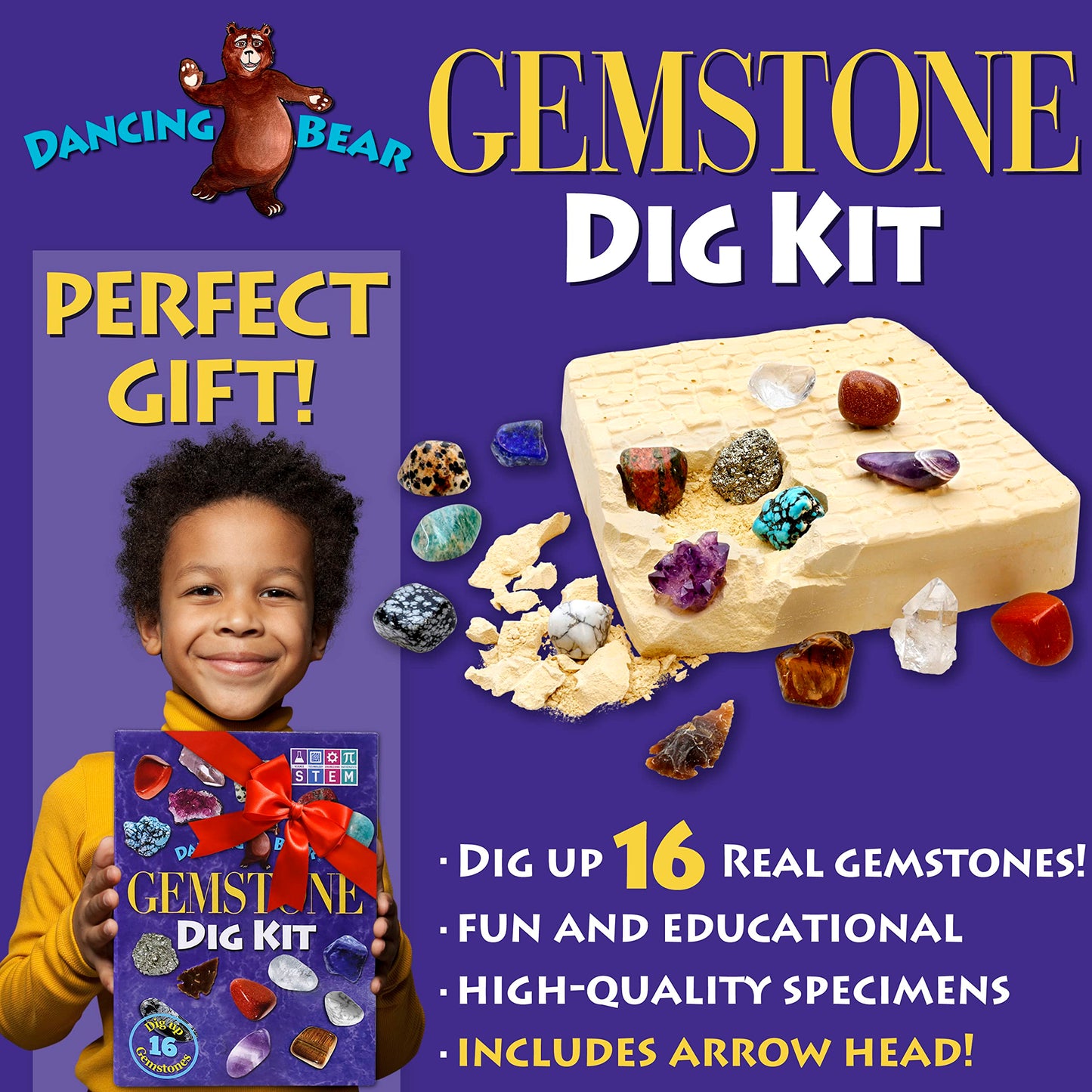 DANCING BEAR Gem Stone Dig Kit | 16 Real Gems & Crystals STEM Activity for Kids