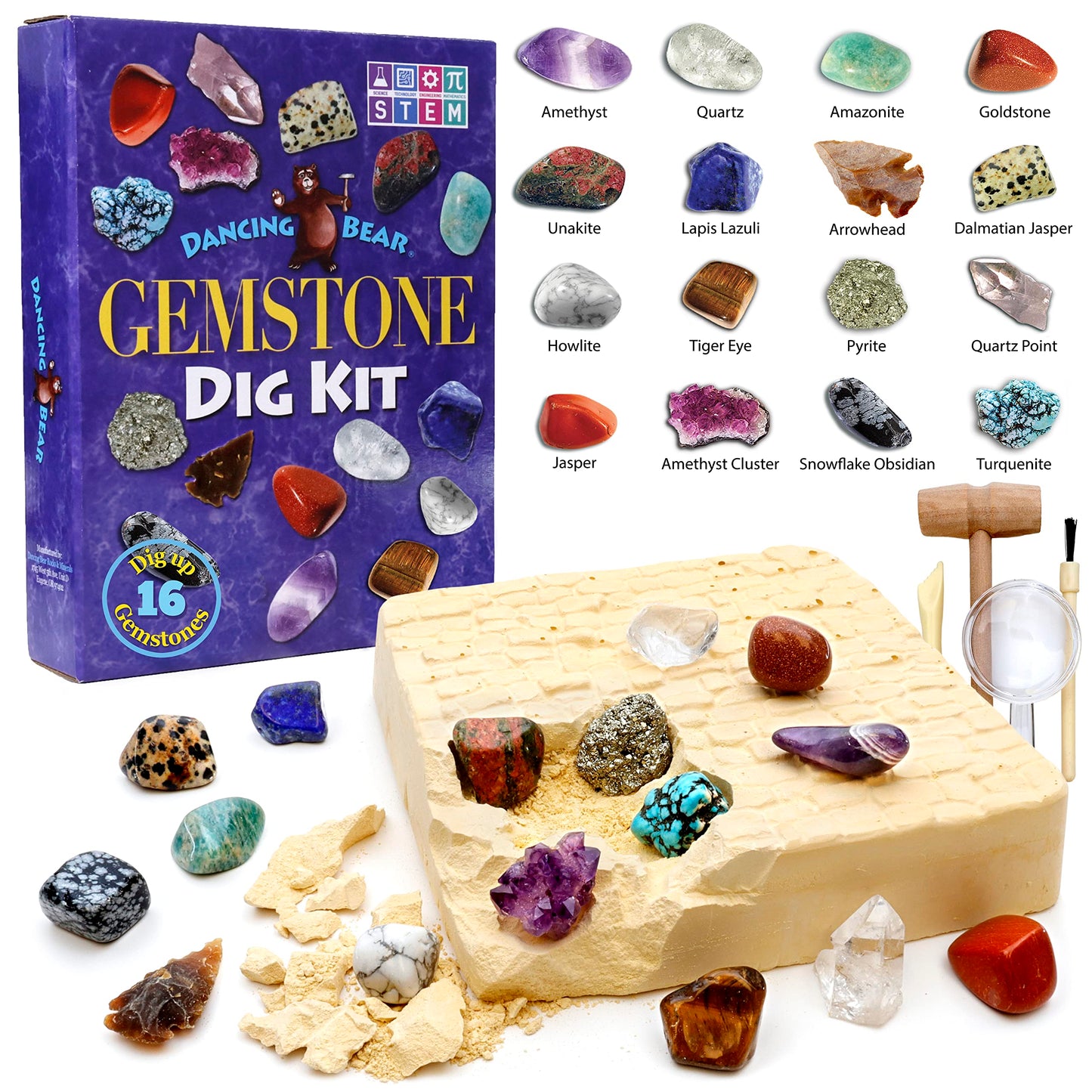 DANCING BEAR Gem Stone Dig Kit | 16 Real Gems & Crystals STEM Activity for Kids