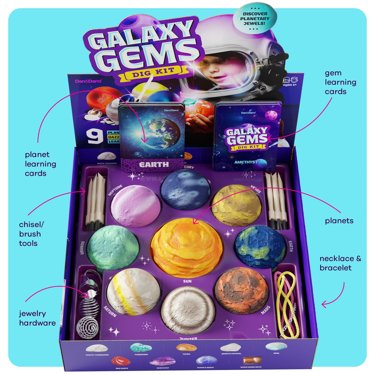 Dan&Darci Galaxy Gem Dig Kit for Kids – STEM Planet Gem Discovery & Jewelry Craft