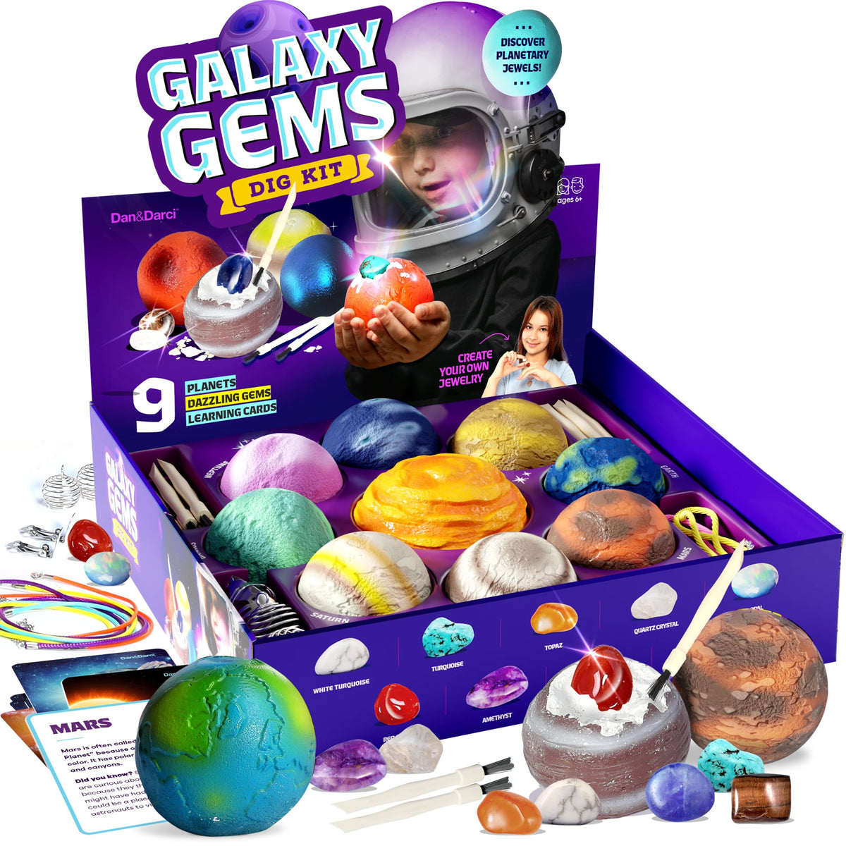Dan&Darci Galaxy Gem Dig Kit for Kids – STEM Planet Gem Discovery & Jewelry Craft
