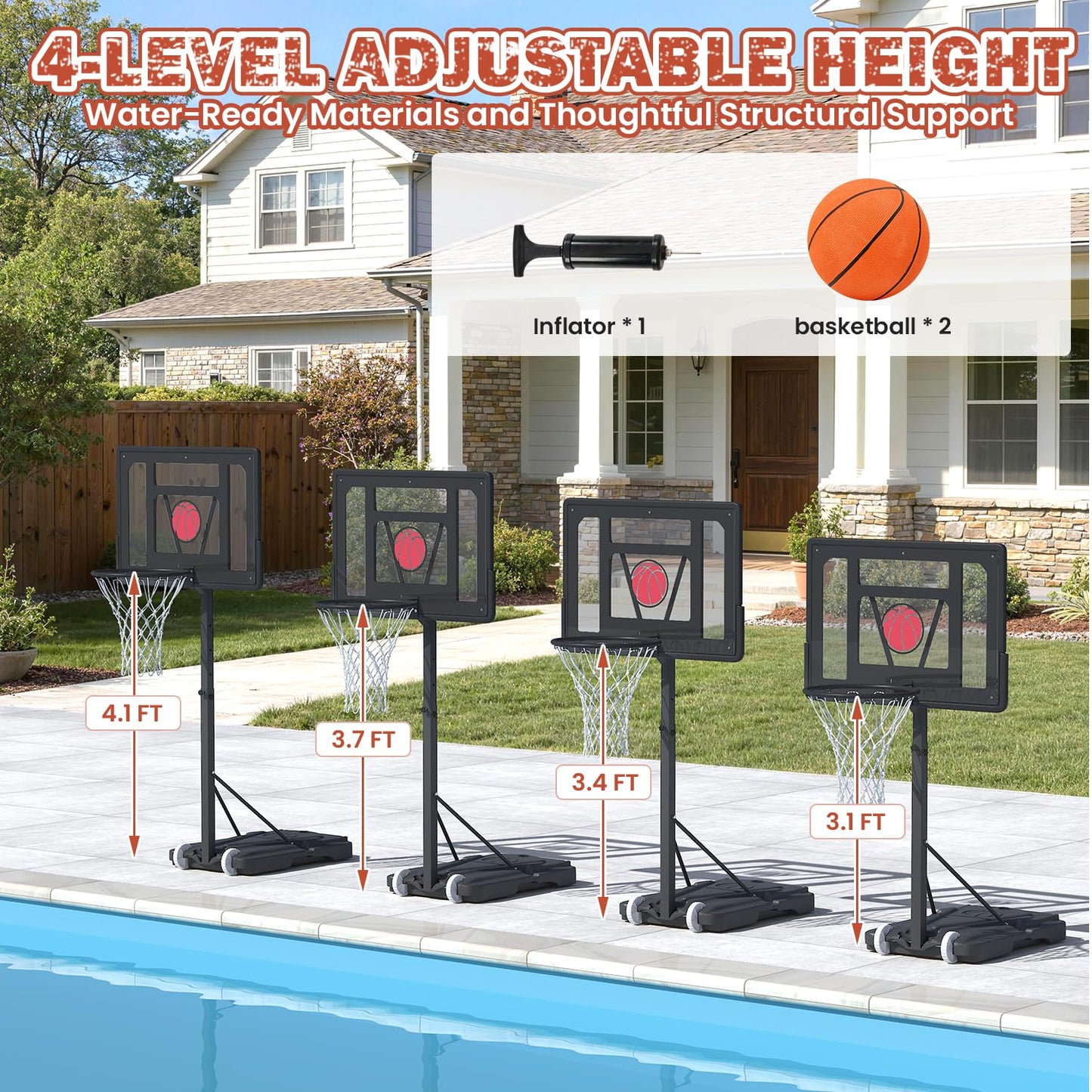 Danrelax 32x23 Pool Basketball Hoop | Adjustable 3.1–4.1 ft, Includes Pump & Ball, Black