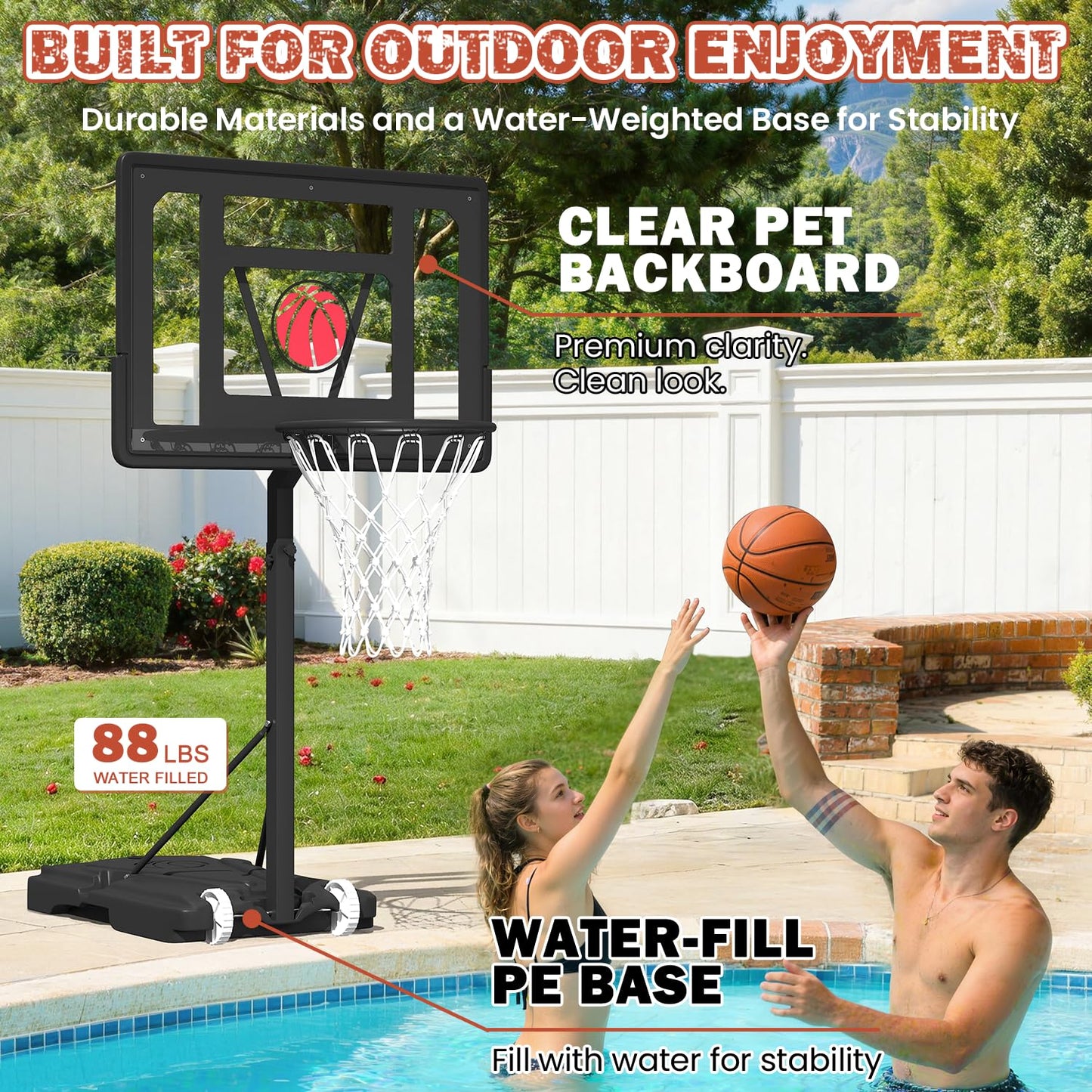 Danrelax 32x23 Pool Basketball Hoop | Adjustable 3.1–4.1 ft, Includes Pump & Ball, Black