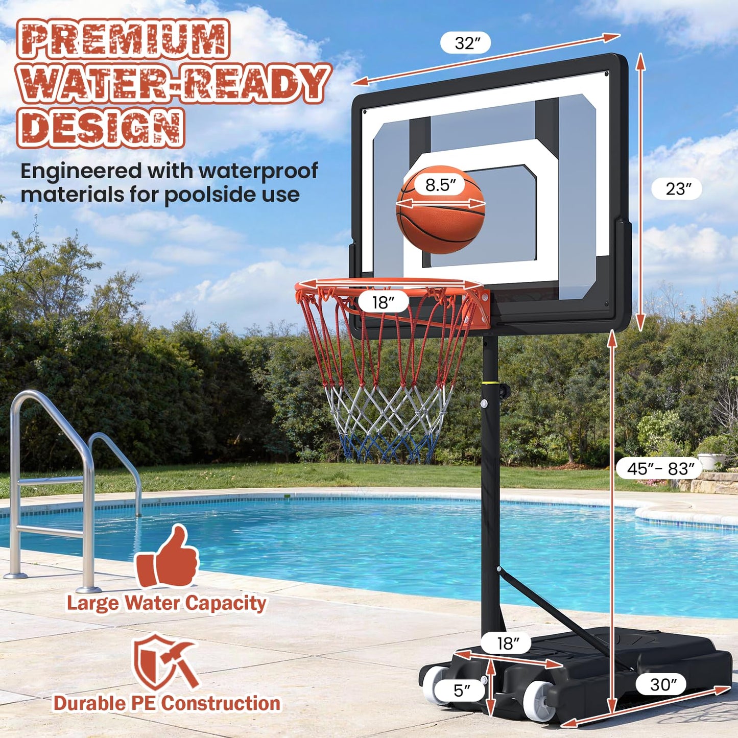 Danrelax Pool Basketball Hoop – Adjustable Height 3.9 ft to 6.9 ft | Indoor & Outdoor