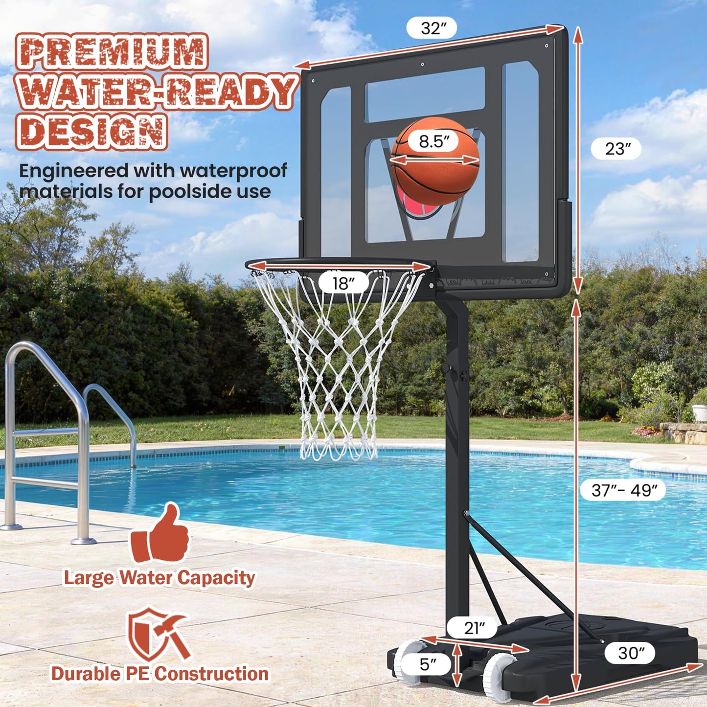 Danrelax 32x23 Pool Basketball Hoop | Adjustable 3.1–4.1 ft, Includes Pump & Ball, Black
