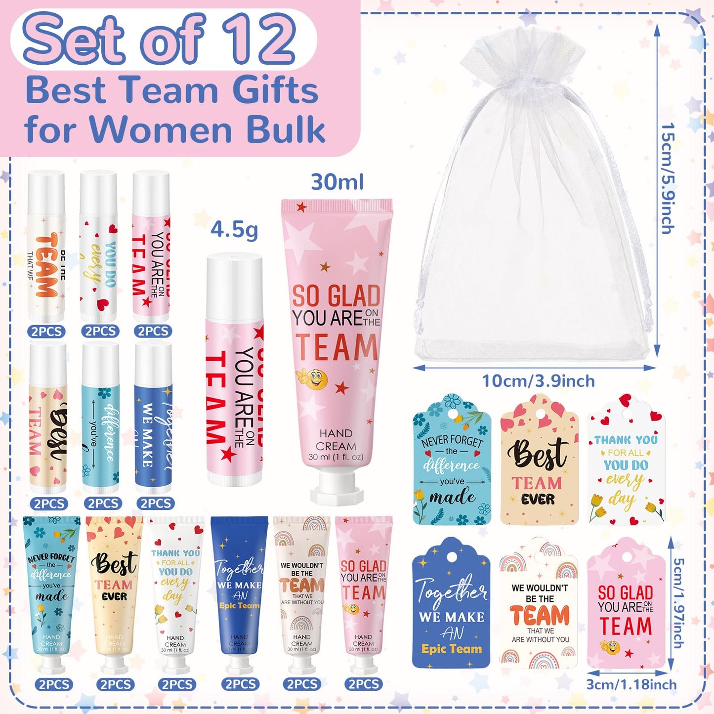 Dansib 12‑Set Best Team Ever Gifts – Hand Cream, Lip Balm, Cards & Organza Bags for Coworkers