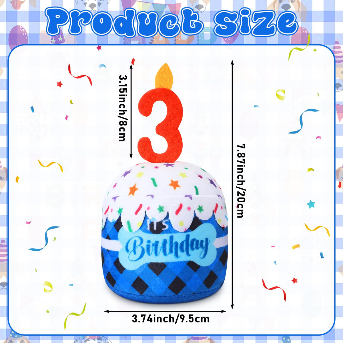 Dansydaisy Dog 3rd Birthday Cake Toy – Blue Grid Squeaky Plush for All Dog Sizes