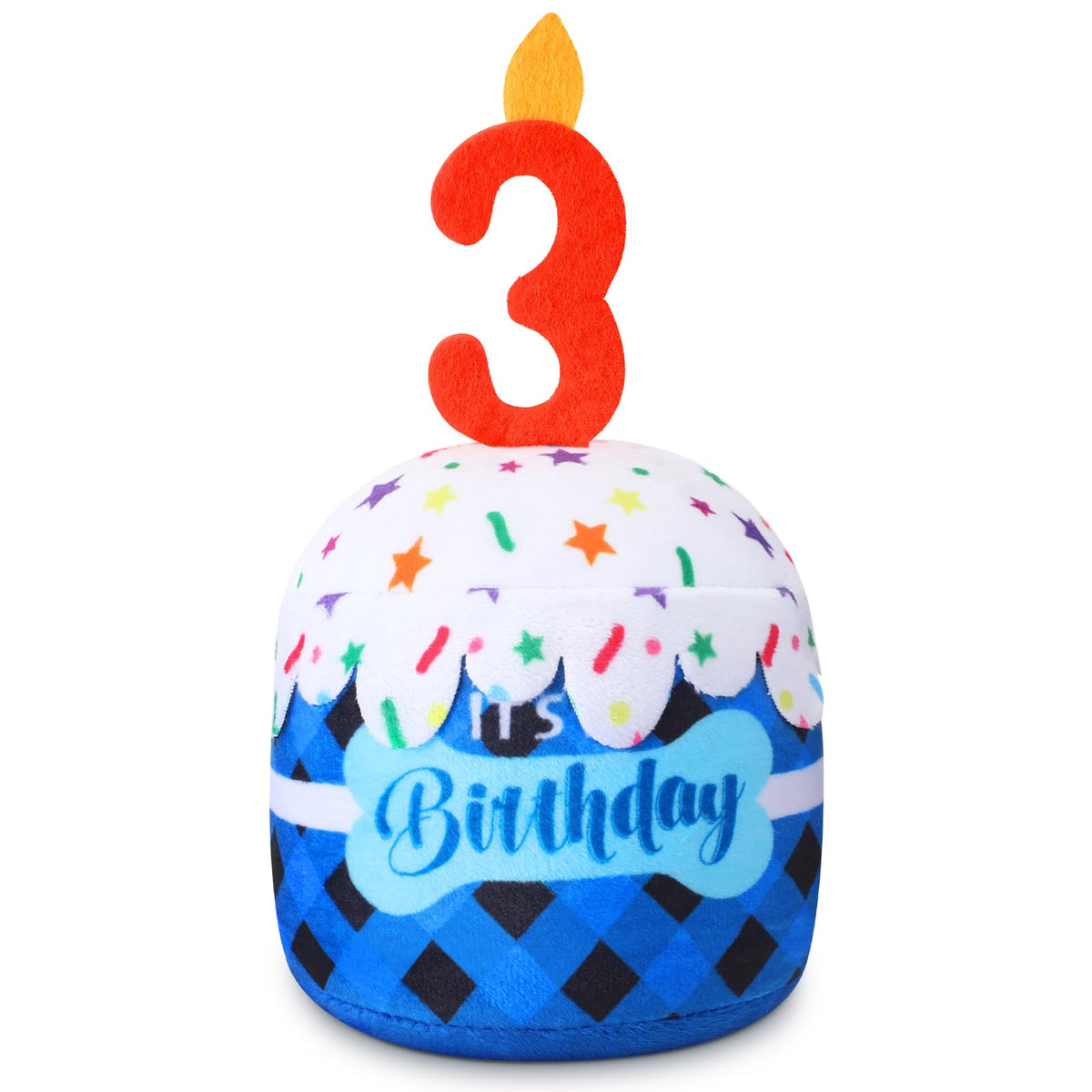 Dansydaisy Dog 3rd Birthday Cake Toy – Blue Grid Squeaky Plush for All Dog Sizes